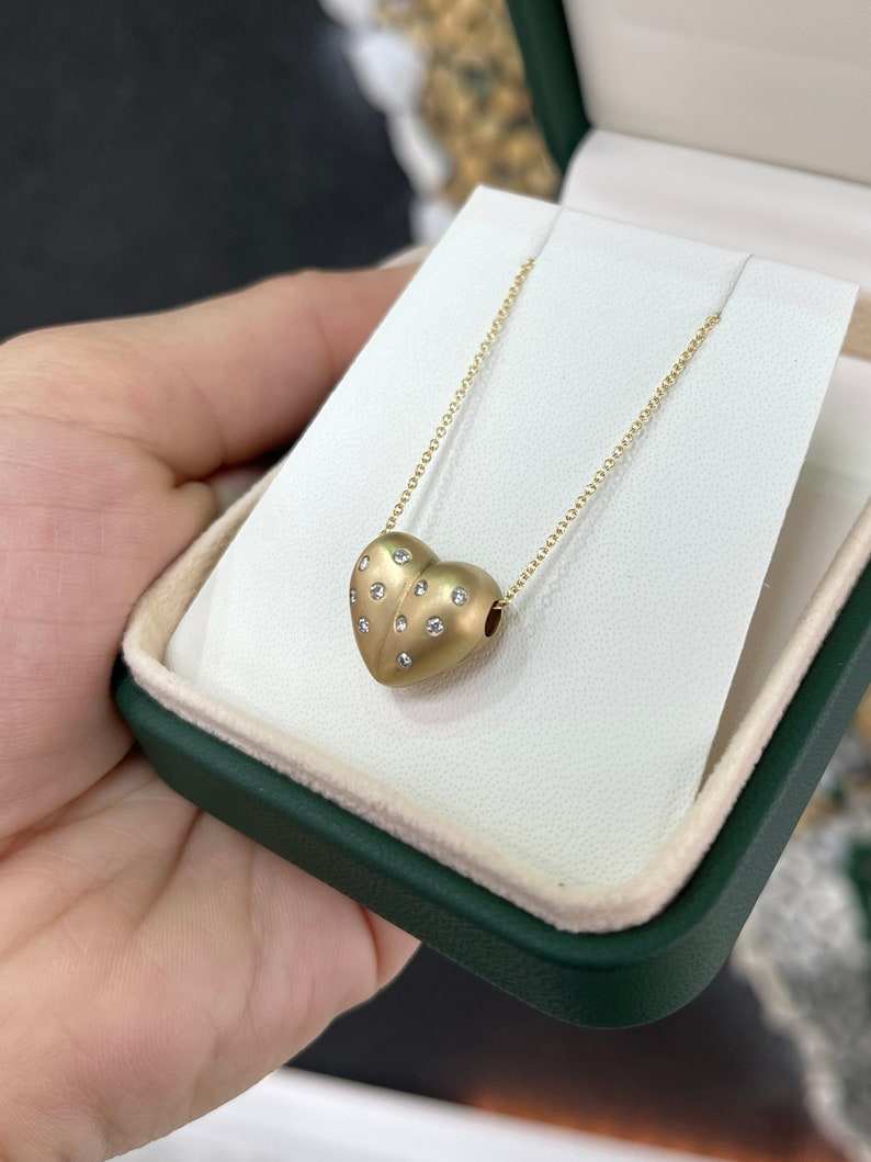 14K gold anniversary necklace with 0.30tcw 3D pave diamond heart pendant on a bubble puff chain, Colombian Emerald gemstone jewelry