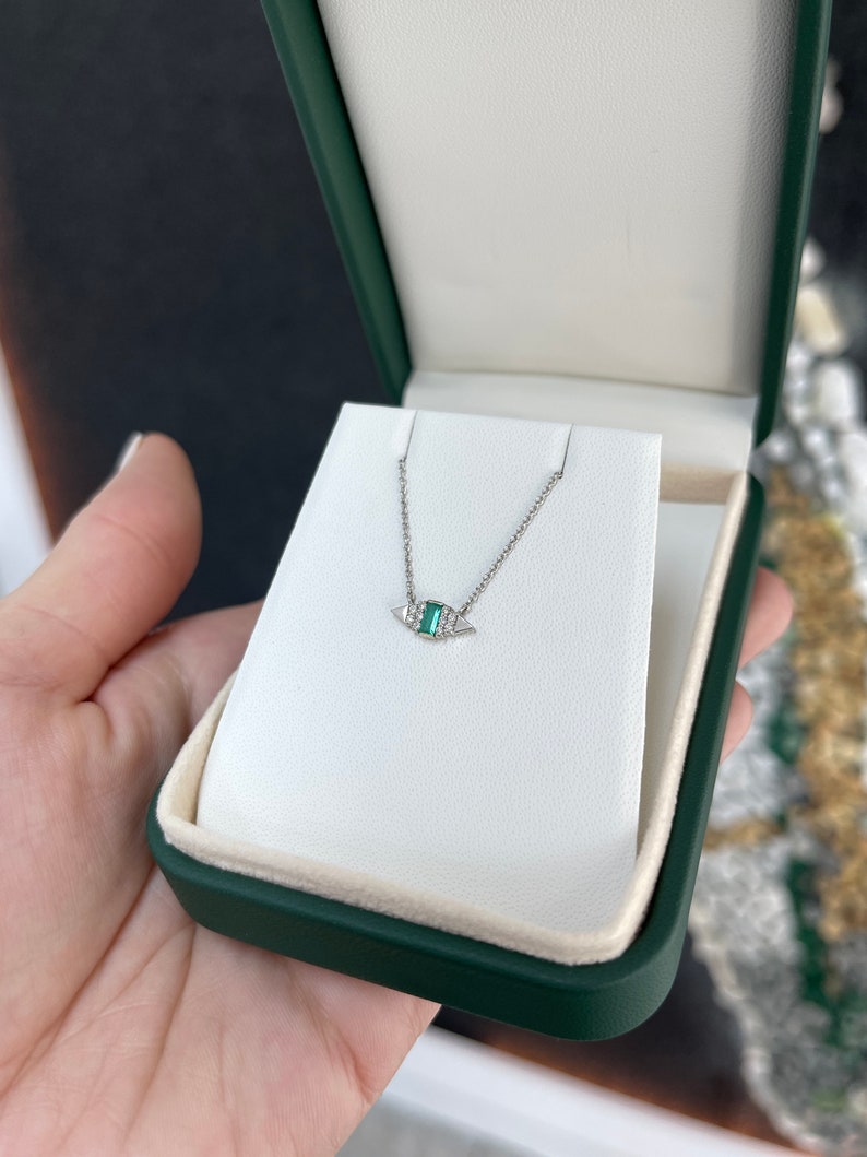 0.28tcw 14K Small Natural Emerald Cut & Diamond Accent Petite White Gold Necklace