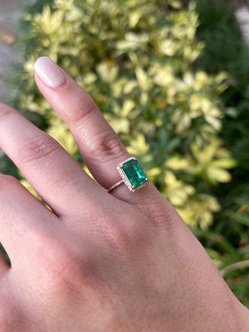 2.95tcw 18K Fine Quality Rich Dark Green Emerald Cut & Diamond Halo Floral Right Hand Engagement Ring - JR Colombian Emeralds