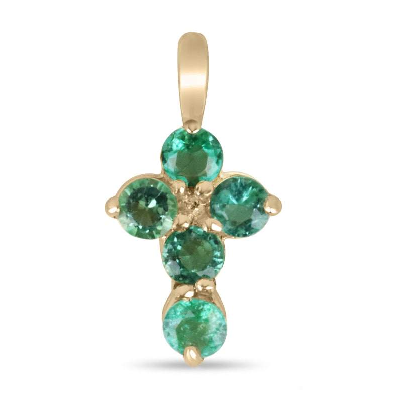 Petite round emerald cross pendant for child's baptism in 14K gold prong setting