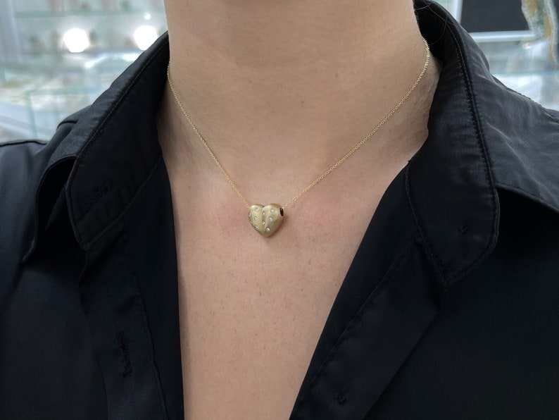 14K gold anniversary necklace with 0.30tcw 3D pave diamond heart pendant and bubble puff design by Colombian Emerald.