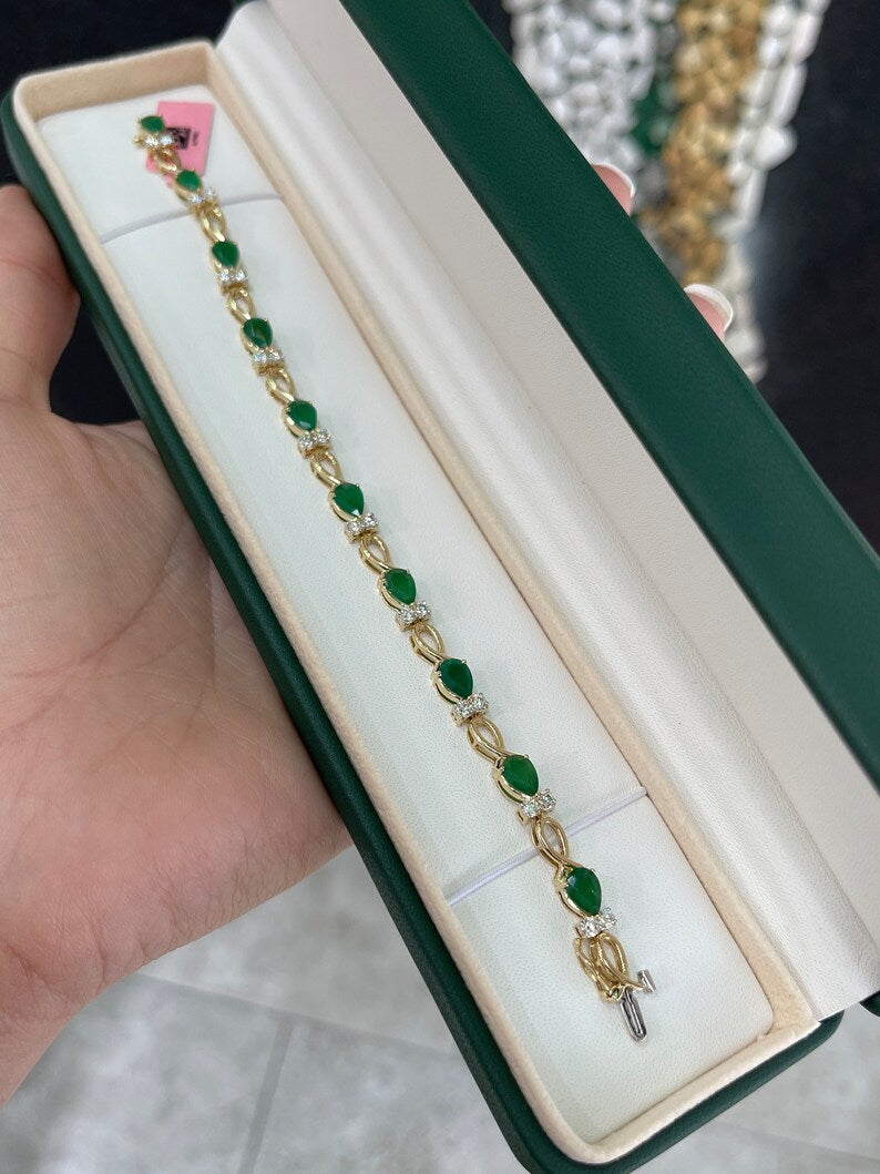 7.22tcw 14K Gold Dark Green Natural Pear Drop Cut Woman's Fancy Bracelet
