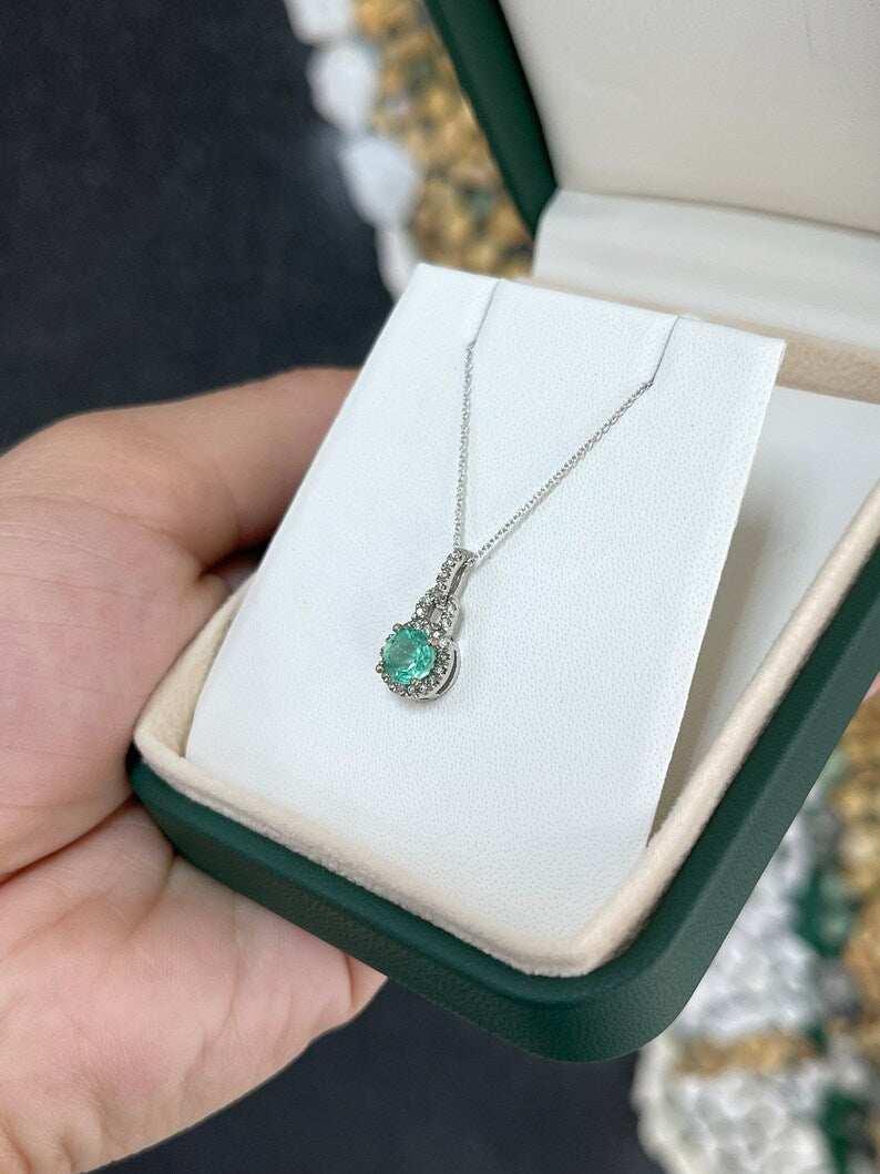 1.10tcw Emerald Round Cut & Diamond Halo Accent White Gold Pendant 14K