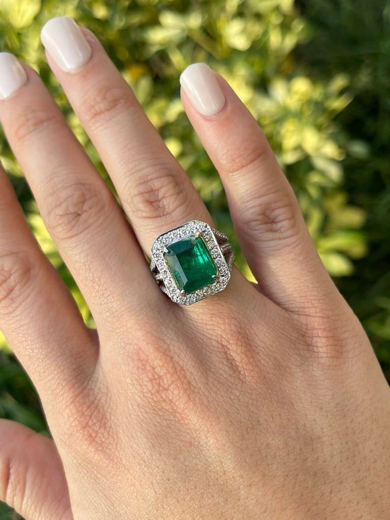 6.25tcw Fine Quality Dark Green Emerald Cocktail Diamond Halo Engagement Ring - JR Colombian Emeralds