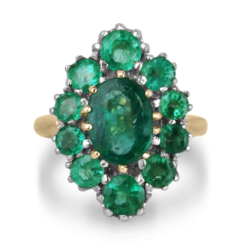 2.40tcw 18K gold oval cut emerald and round halo art deco statement ring