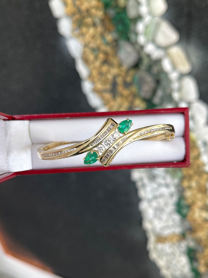 1.95tcw 14K Medium Yellowish Green Emerald Round Cut Triple Diamond Accent Bangle Bracelet