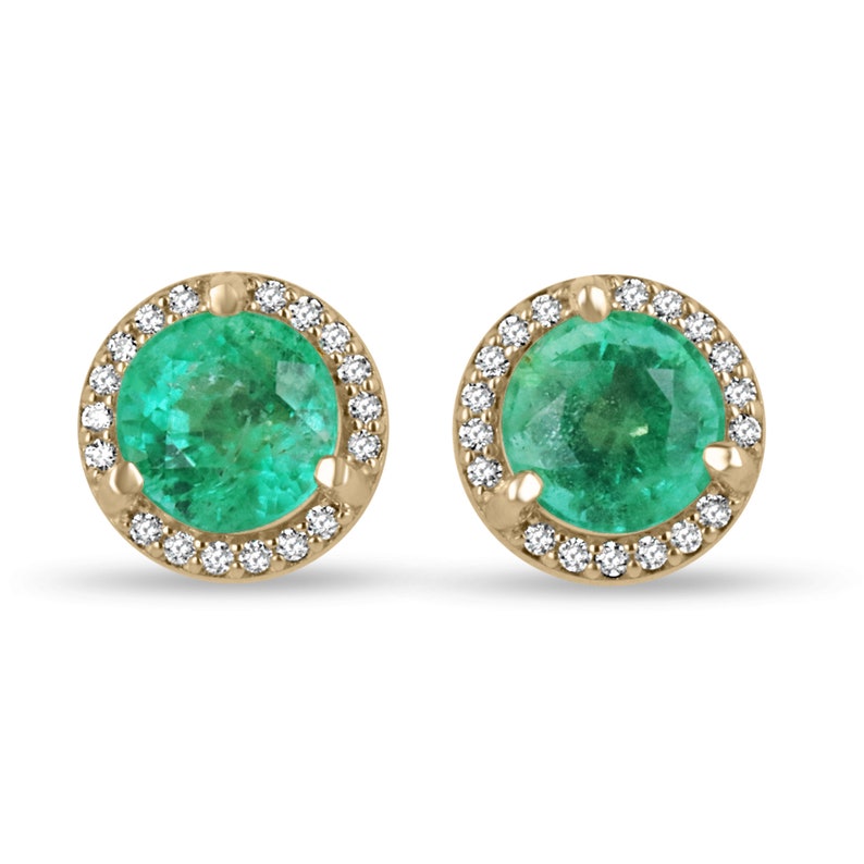 14K Gold Round Emerald Diamond Halo Stud Earrings