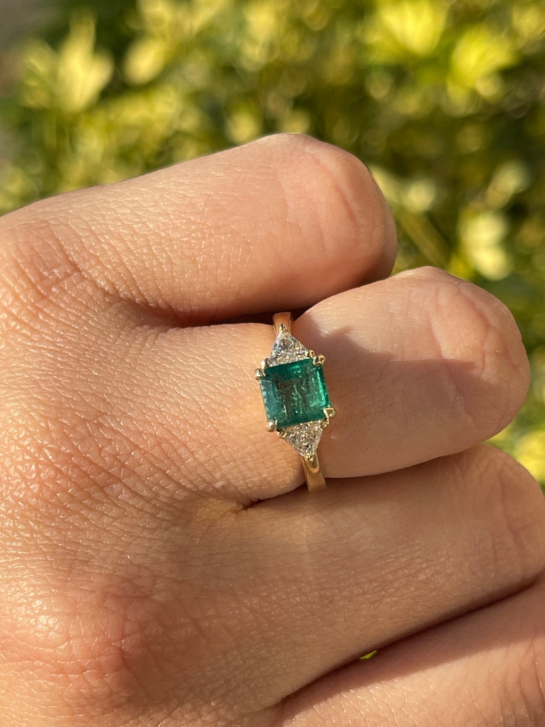 2.0tcw 14K Gold Lush Green Asscher Emerald & Trillion Cut Diamond Accent 3 Stone Engagement Ring - JR Colombian Emeralds