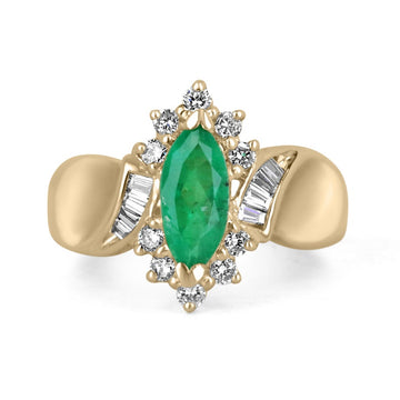 1.63tcw 14K Vivid Yellowish Green Marquise Cut Emerald & Tapered Baguette & Diamond Accent Statement Gold Ring
