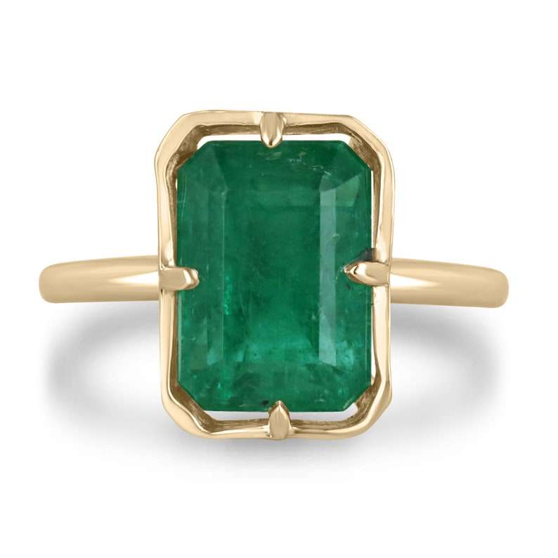 5.76cts 14K yellow gold ring with emerald cut solitaire green emerald gemstone