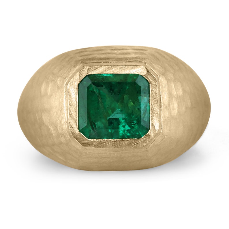 14K Lush Dark Green Emerald Cut Gypsy Unisex Matte Hammered Gol