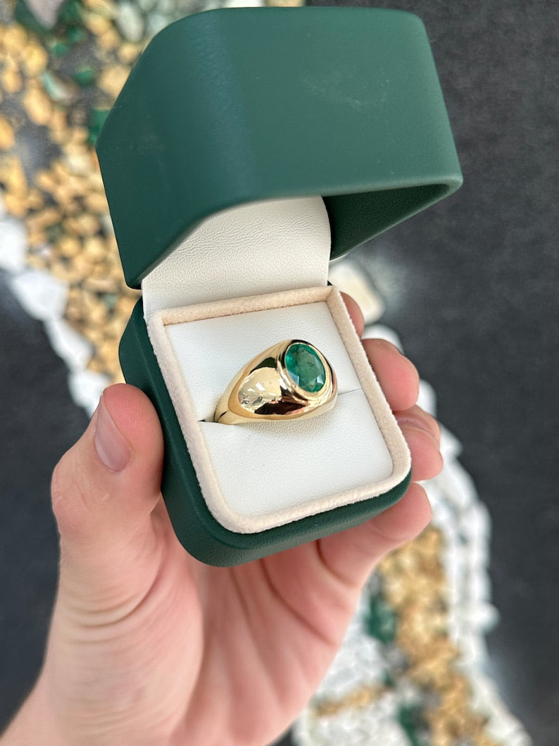 2.60ct 14K Large Chunky Men's Solitaire Oval Cut Natural Medium Dark Green Emerald Statement Ring - JR Colombian Emeralds