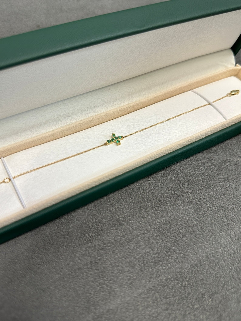 0.20tcw 14K Gold Round Cut Vivid Medium Green Natural Emerald Cross Bracelet