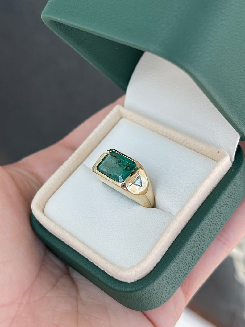 4.21tcw 14K Gold Dark Green East to West Emerald & Trillion Cut Diamond 3 Stone Ring - JR Colombian Emeralds
