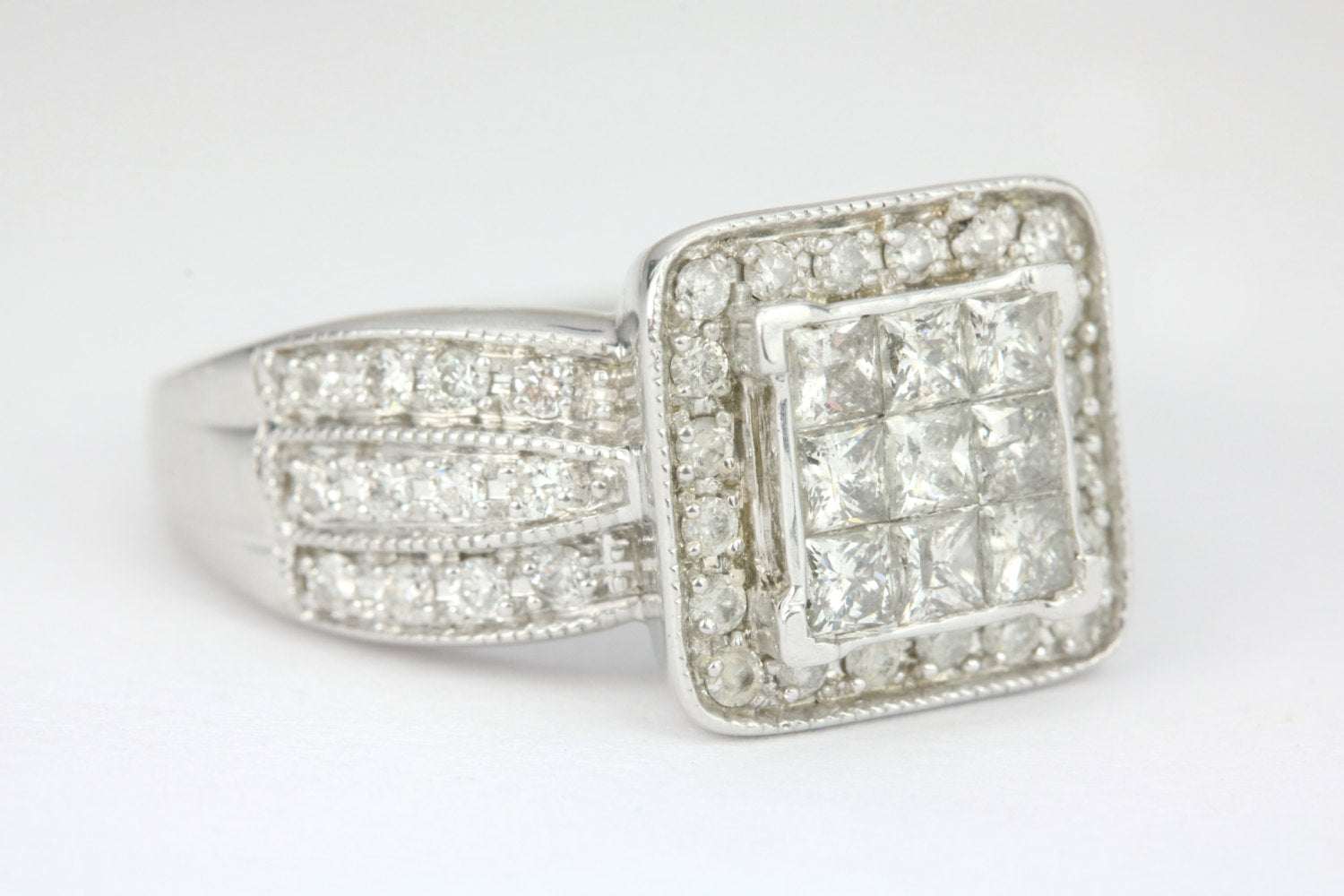 2.15cts Princess Cut Invisible Setting Diamond Cluster Engagement Ring 14K White