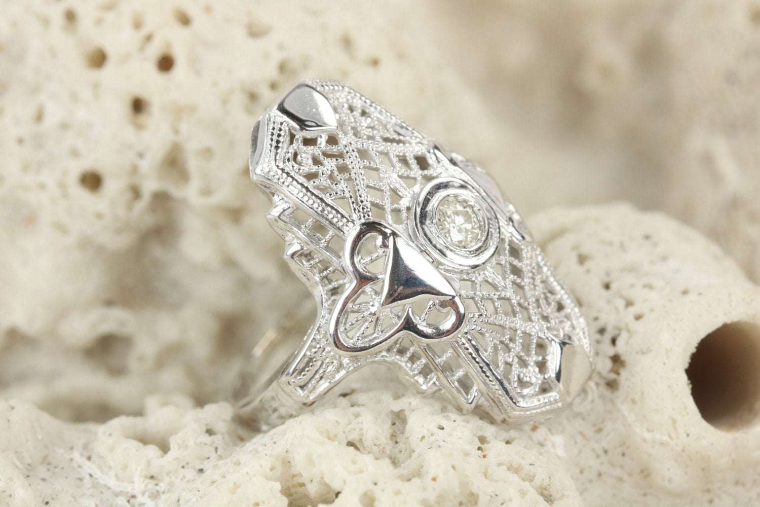 0.20pts Art Deco Diamond Cocktail Filigree Old Mine Milgrain Ring 14K