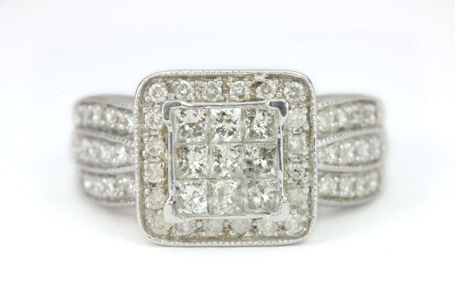 2.15cts Princess Cut Invisible Setting Diamond Cluster Engagement Ring 14K White