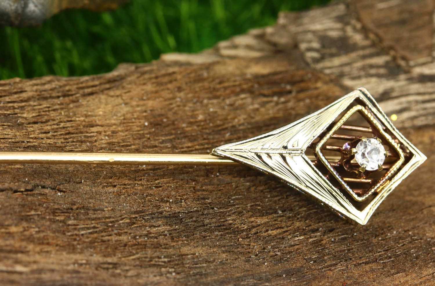 Antique Art Deco 14K White and Yellow Gold Diamond Filigree Stick Pin