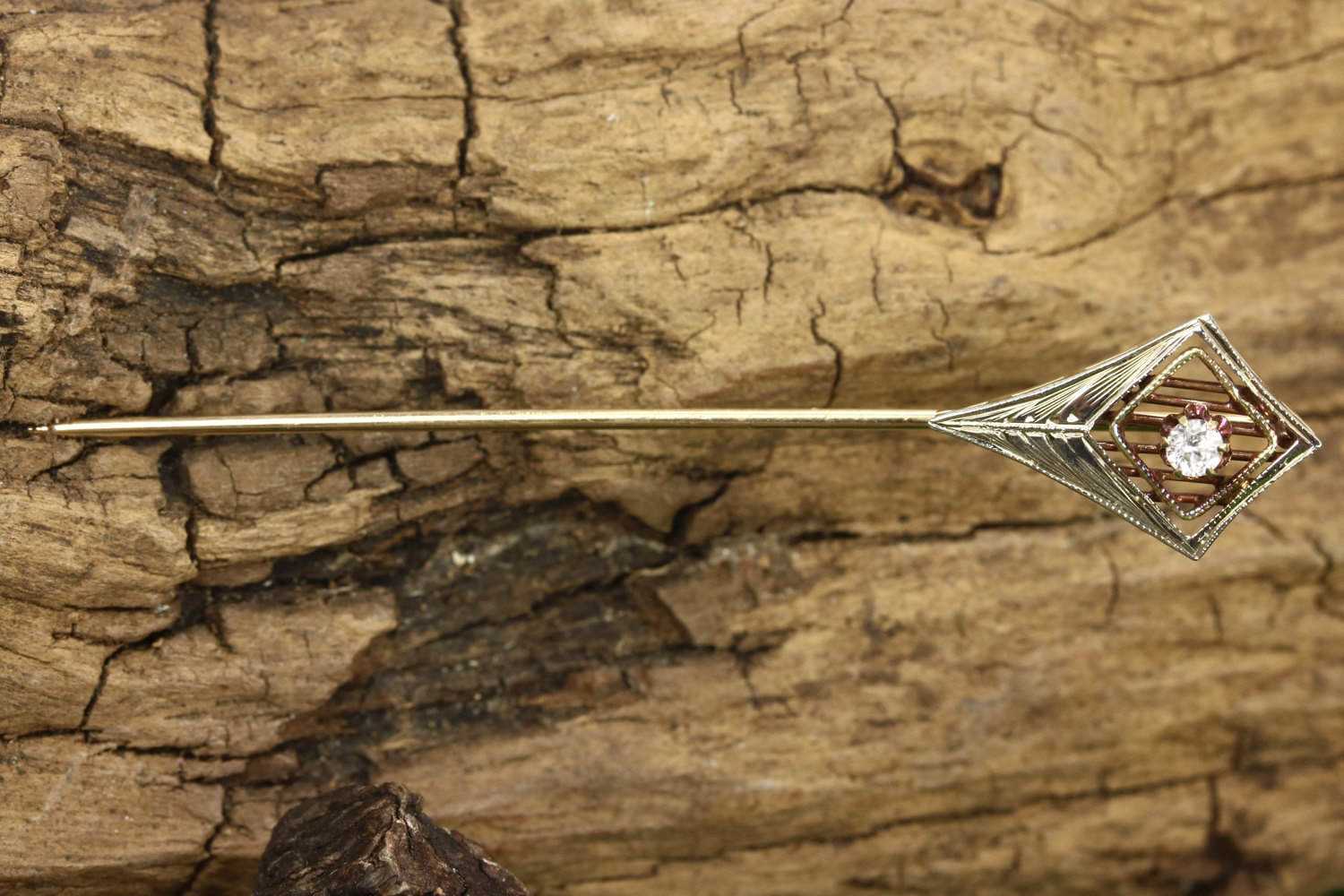 Antique Art Deco 14K White and Yellow Gold Diamond Filigree Stick Pin