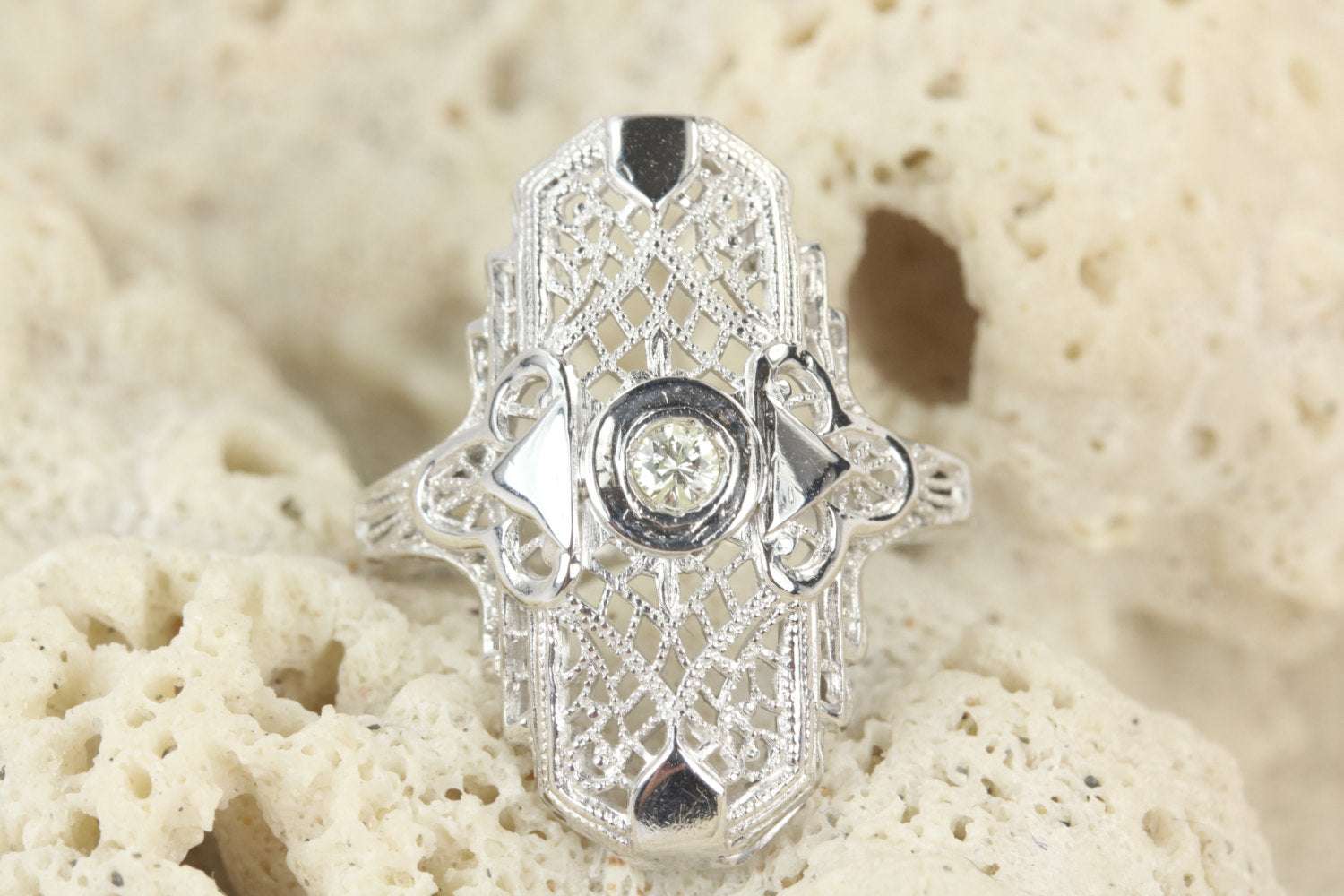 0.20pts Art Deco Diamond Cocktail Filigree Old Mine Milgrain Ring 14K