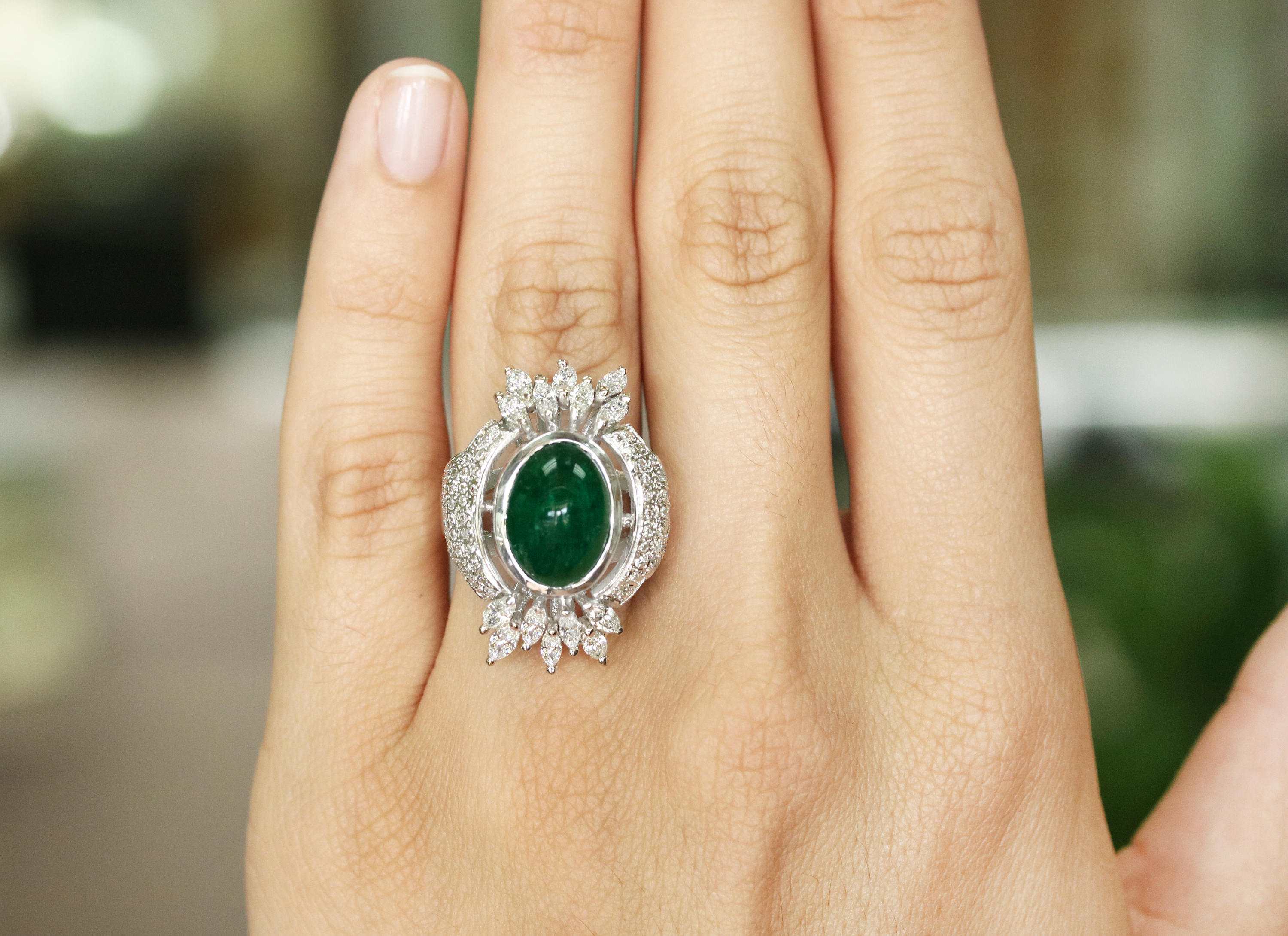 6.85tcw Estate Emerald Cabochon & Diamond Cocktail Ring 18K
