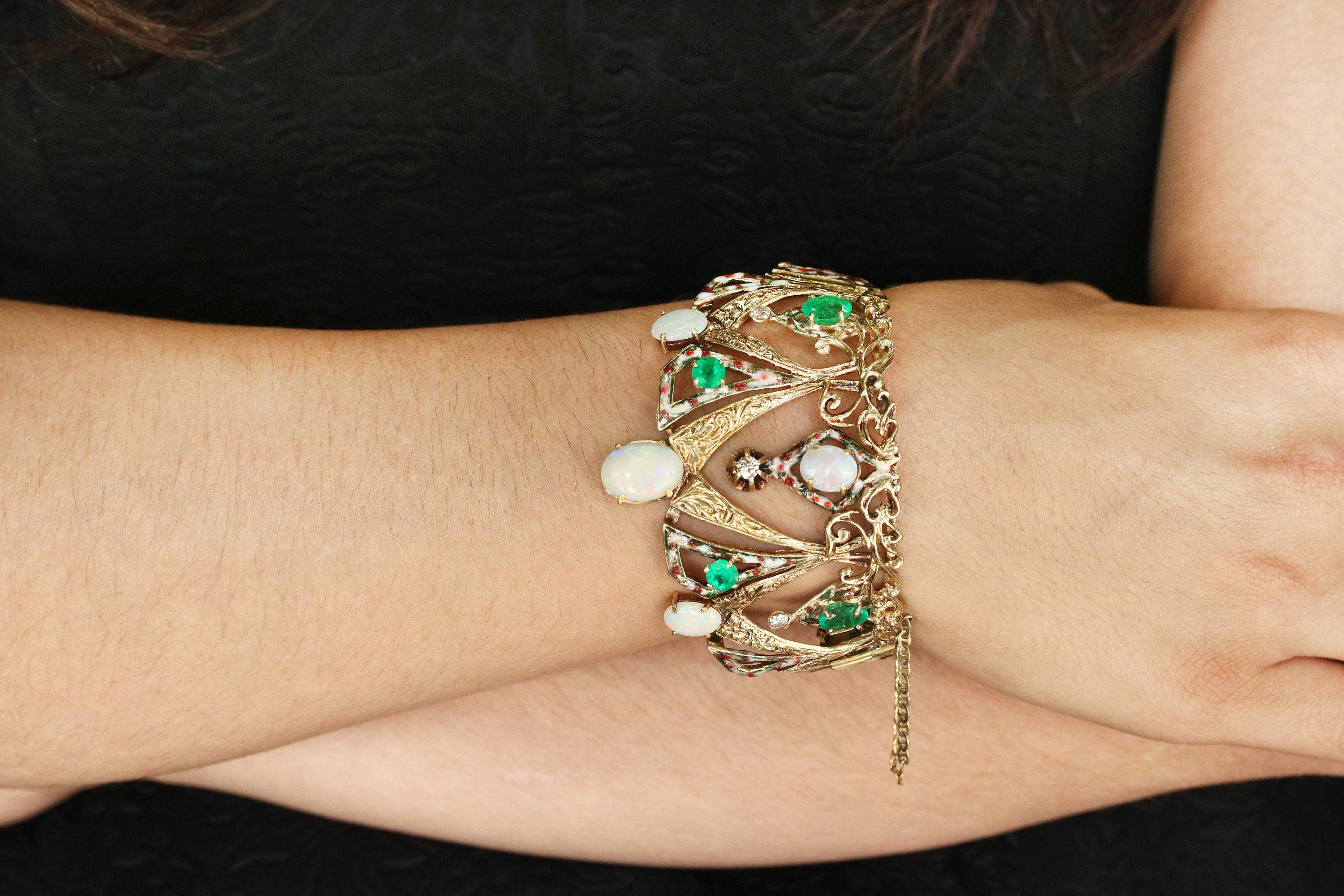 15.90tcw Vintage Crown Opal, Emerald & Diamond Large Cuff Bracelet
