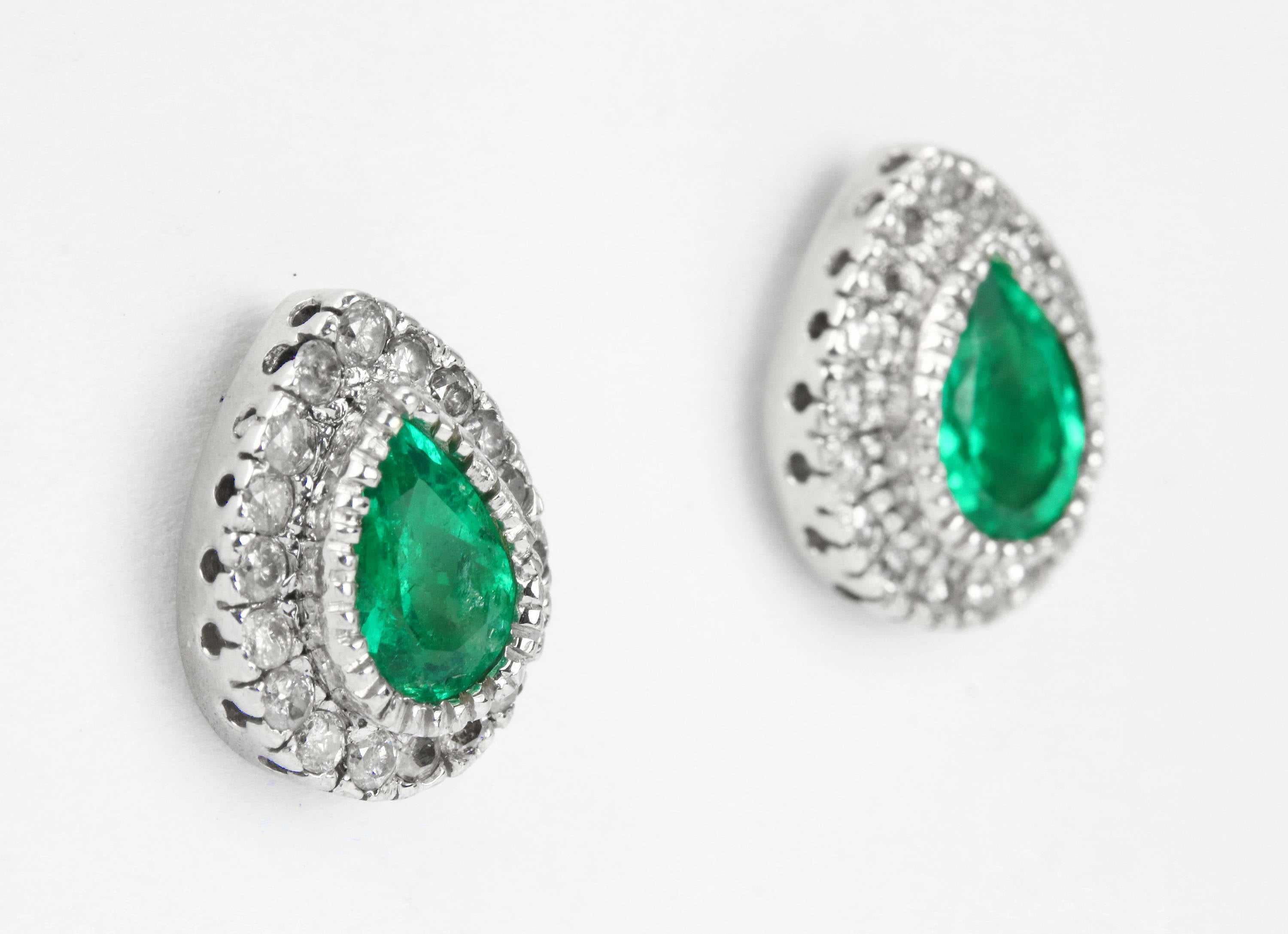 2.50tcw Pear Emerald & Diamond Halo White Gold Studs 14K