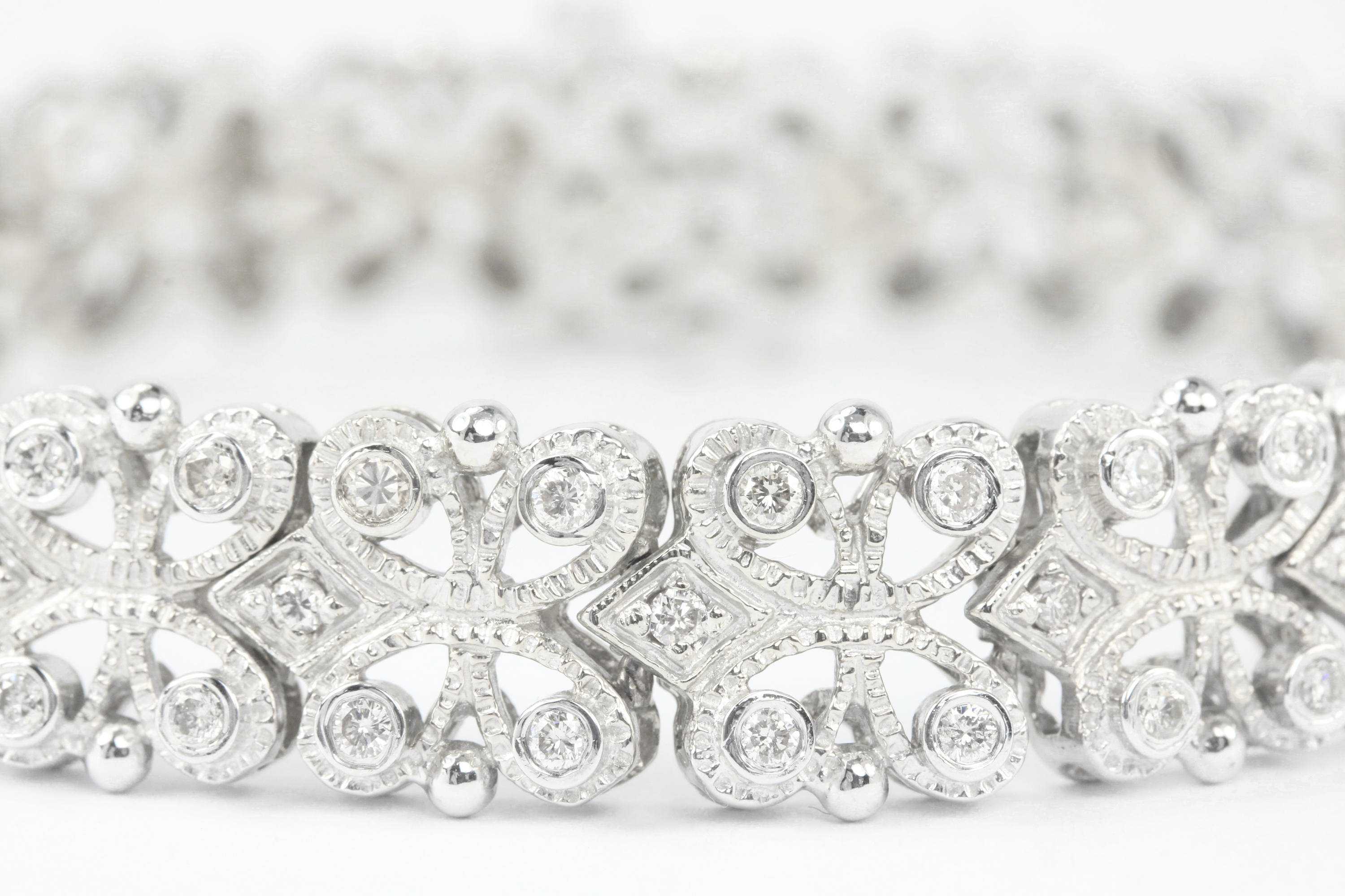 2.0tcw Wide Floral Diamond & White Gold Tennis Bracelet Art Deco White Gold 14K