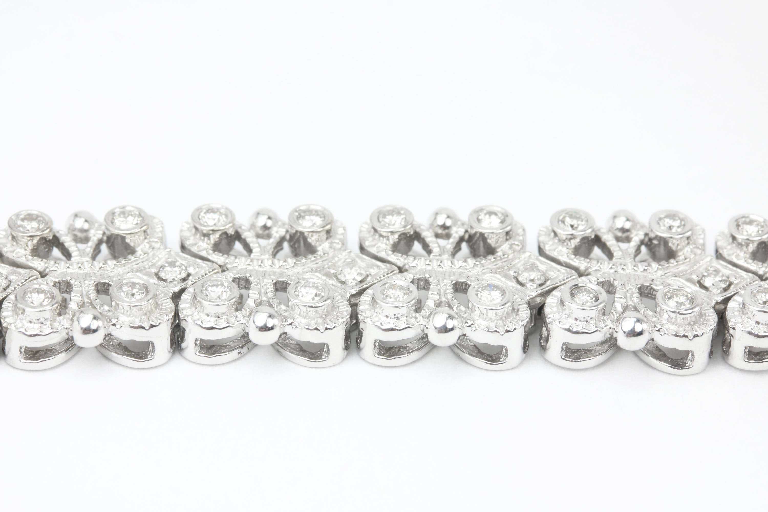 2.0tcw Wide Floral Diamond & White Gold Tennis Bracelet Art Deco White Gold 14K