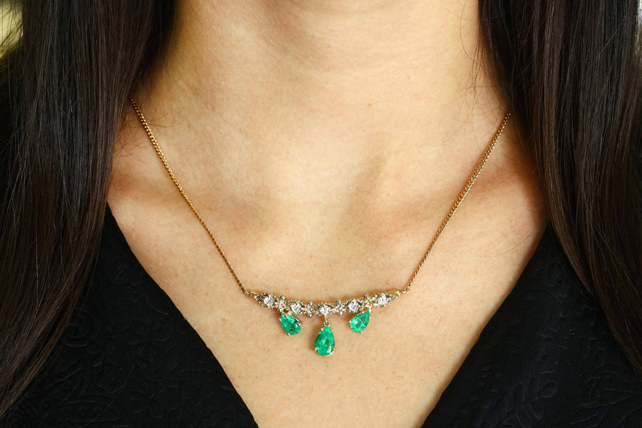 6.70tcw Bib Vintage Emerald Necklace, Pear Emerald Diamond Necklace