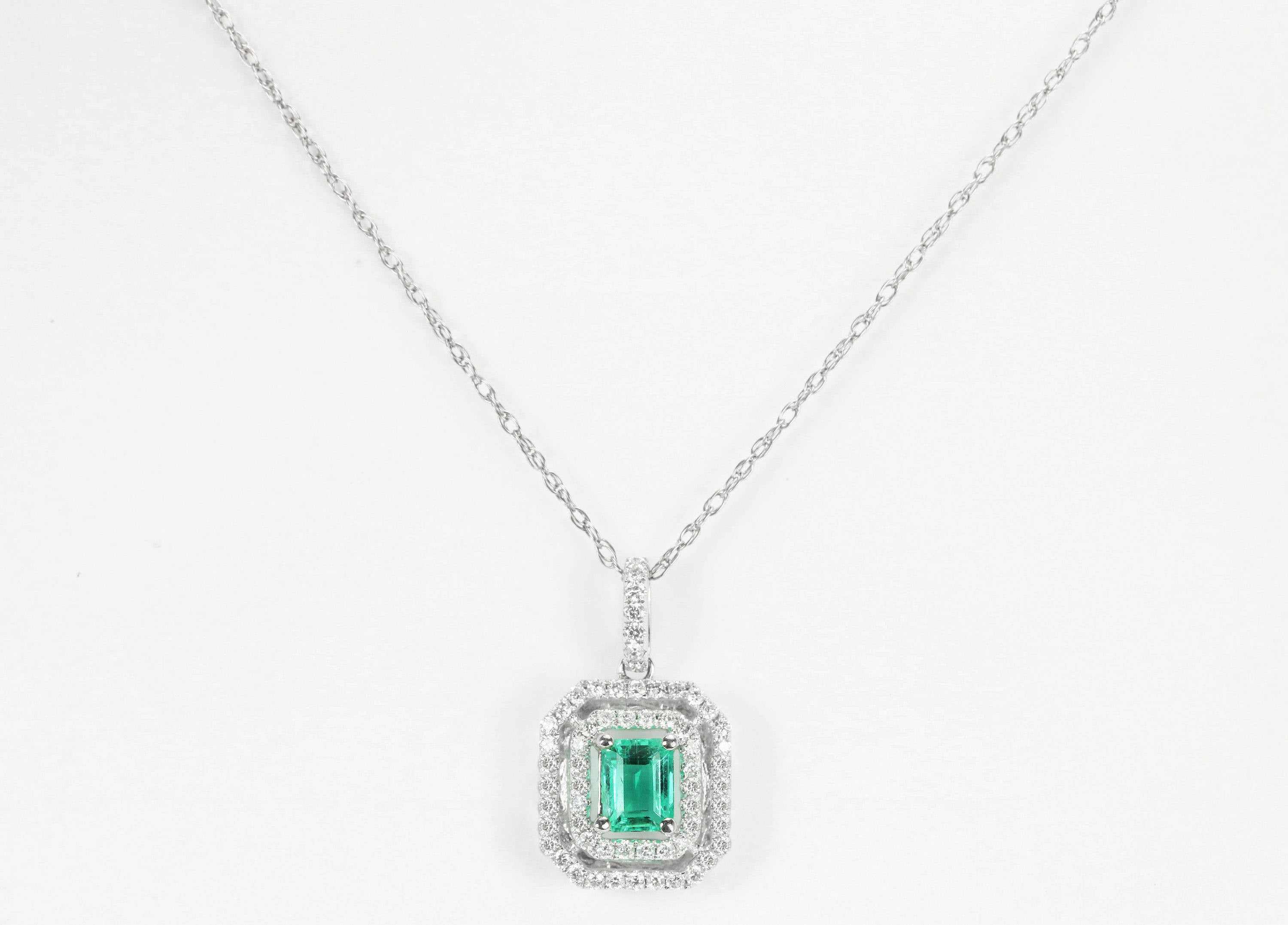 1.0tcw Colombian Emerald & Diamond Double Halo Necklace 14K