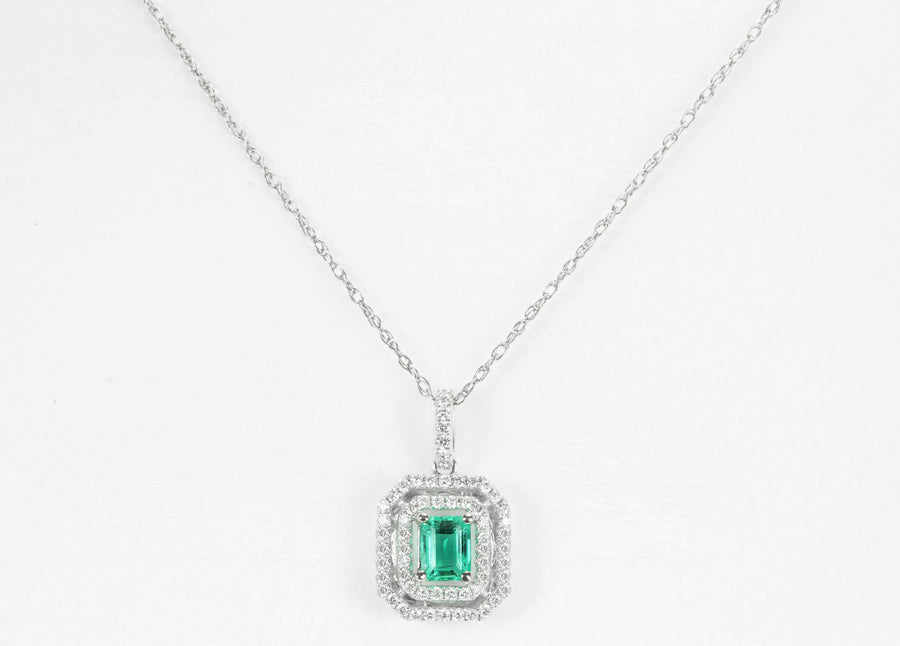  Emerald & Diamond Double Halo Necklace 14k
