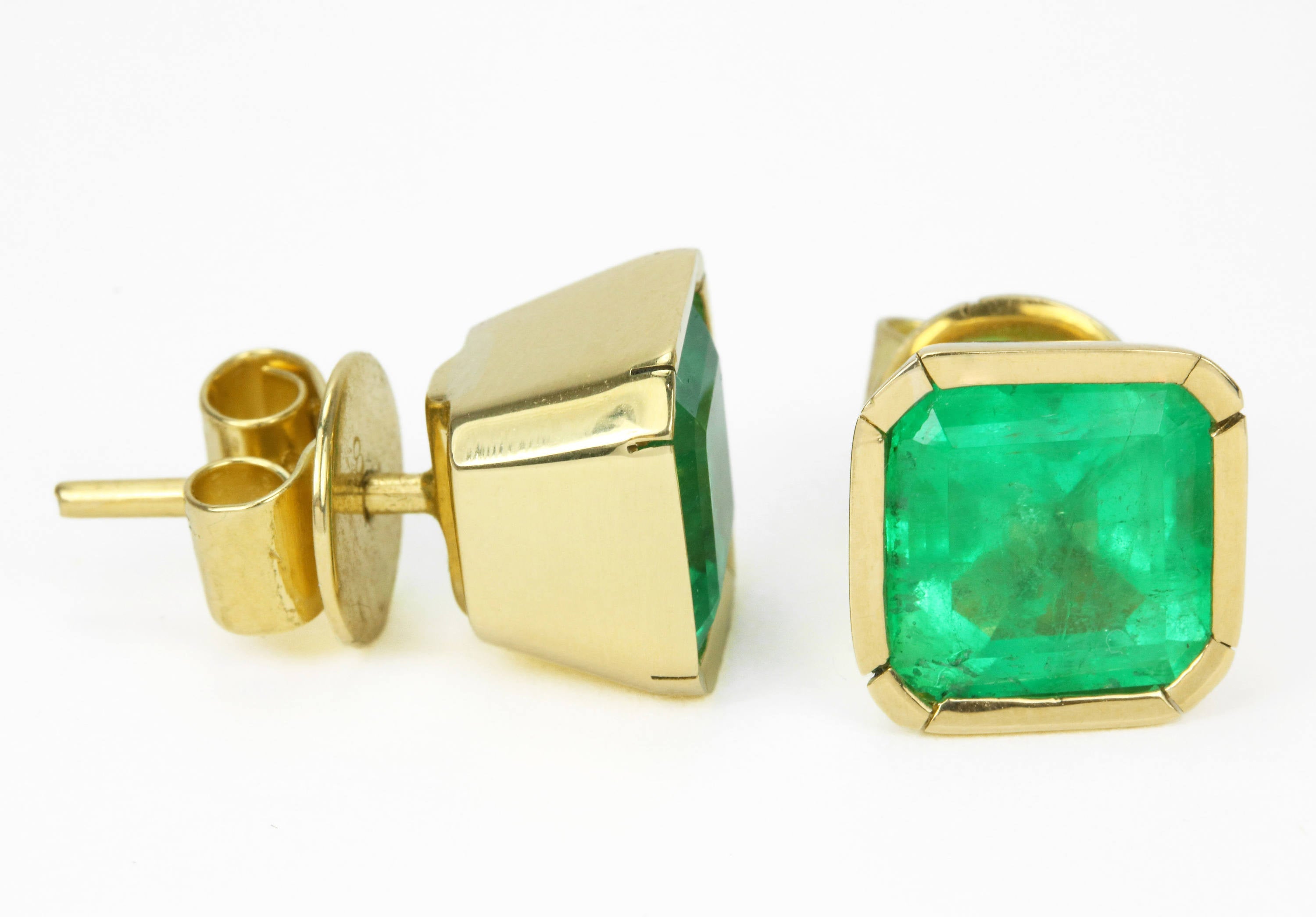 4.15 Carat Vivid Apple Green Emerald Bezel Set Stud Earrings Gold 14K