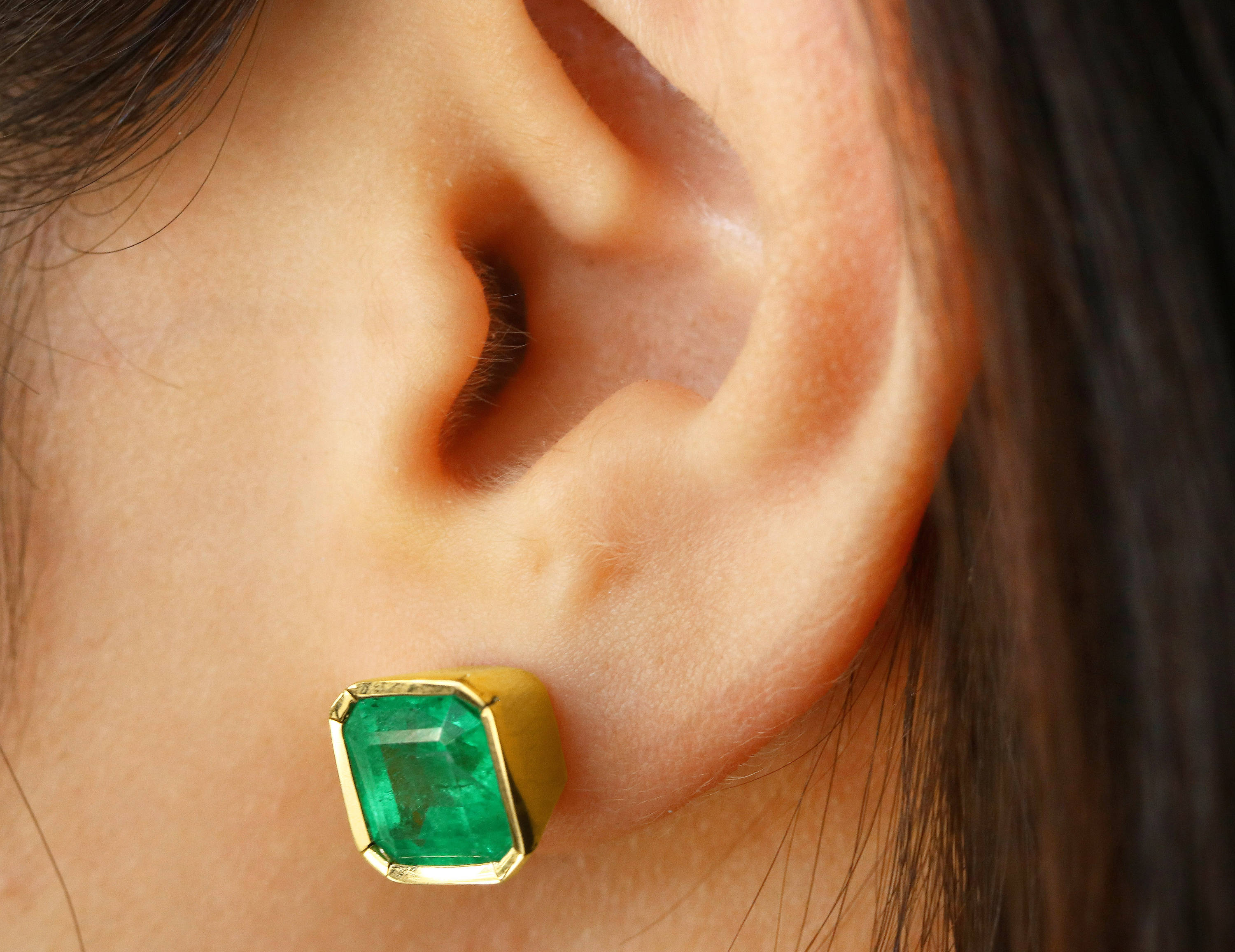 4.15 Carat Vivid Apple Green Emerald Bezel Set Stud Earrings Gold 14K