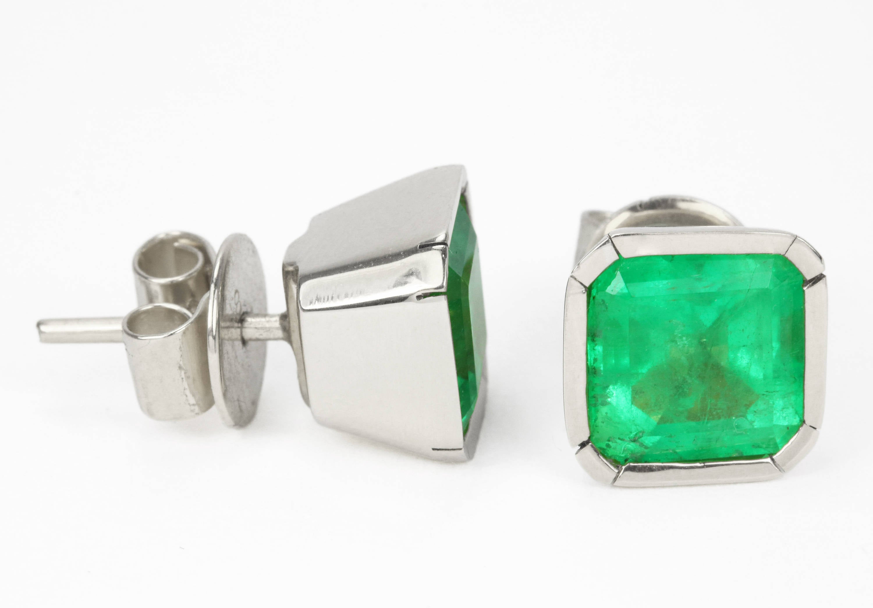 4.15 Carat Vivid Apple Green Emerald Bezel Set Stud Earrings Gold 14K