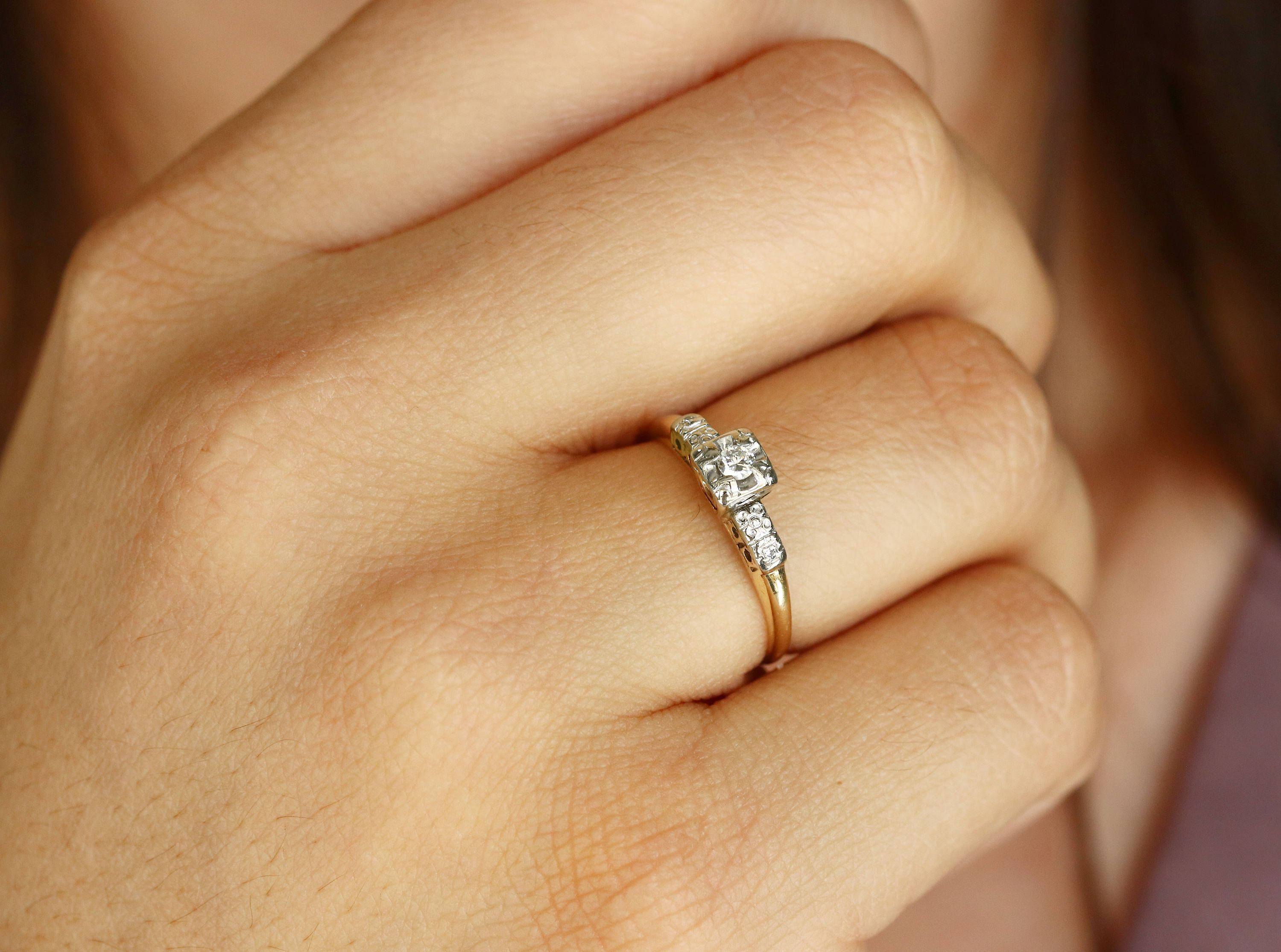 Petite Diamond Vintage Engagement Ring Two-Tone 14K