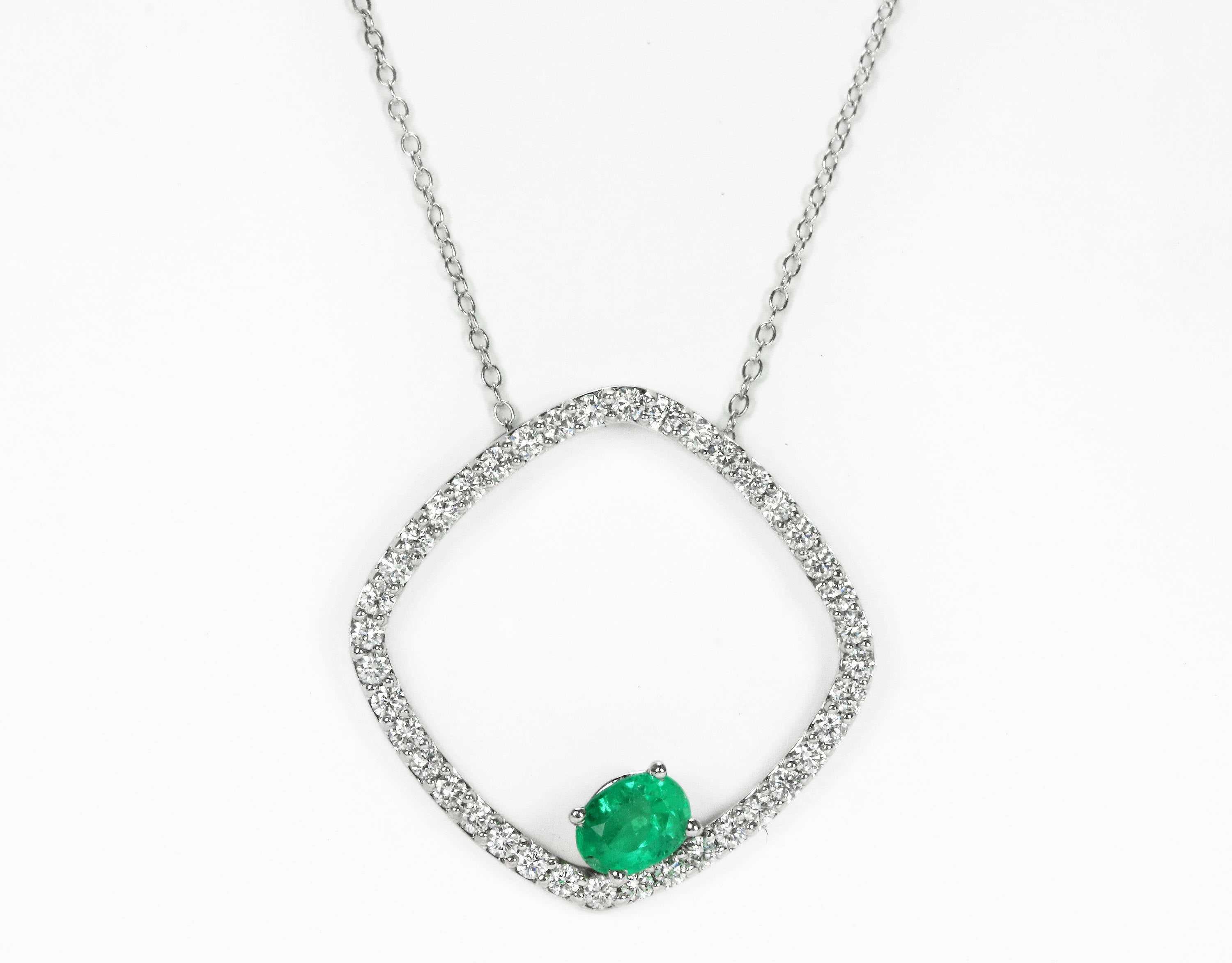 2.40tcw Floating Oval Emerald & Diamond Open Halo Necklace 14K