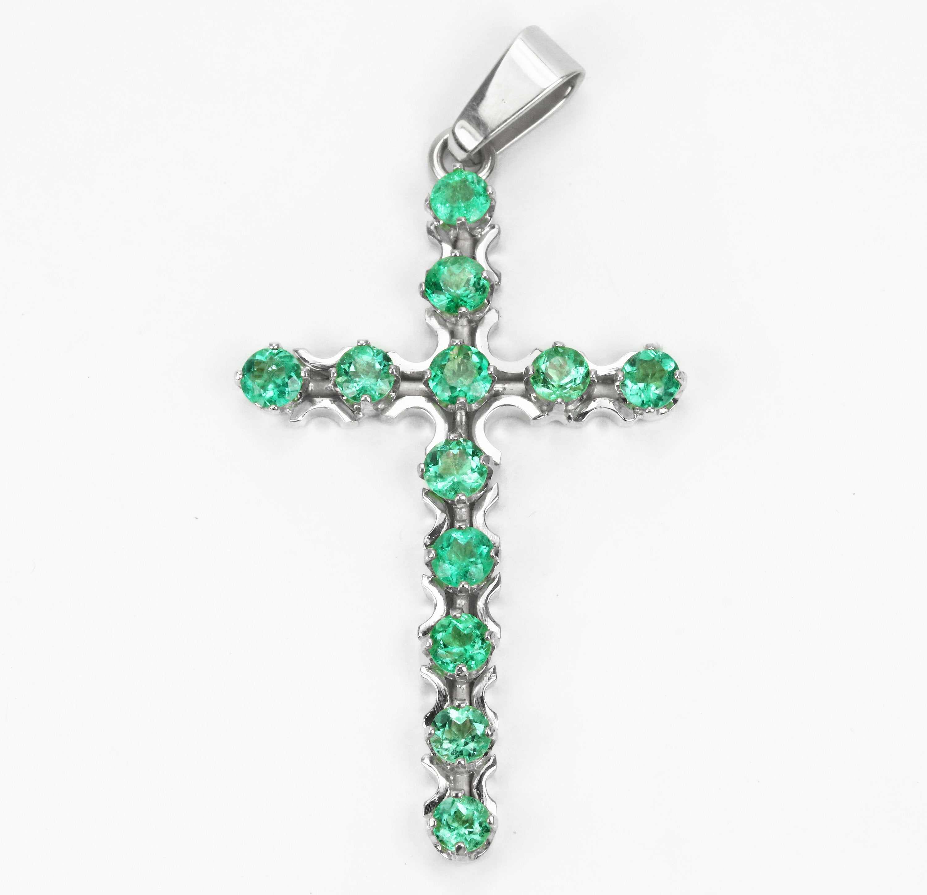 2.50 Carats Rich Green Emerald Classic Cross Tennis Pendant Unisex 14K