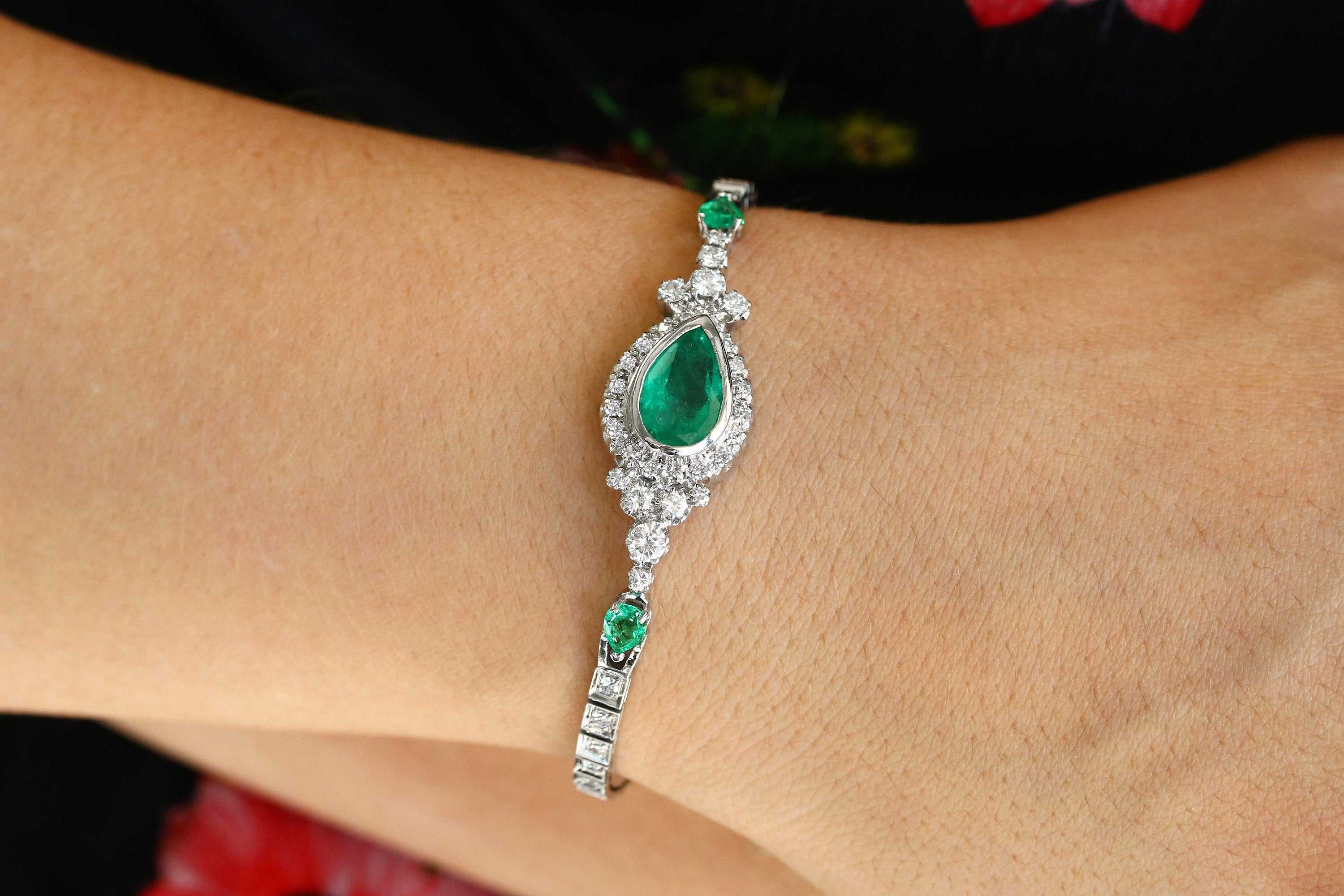 White Gold Over 7.27 CT Pear Cut Emerald Womens Party Wear Bracelet For Gift