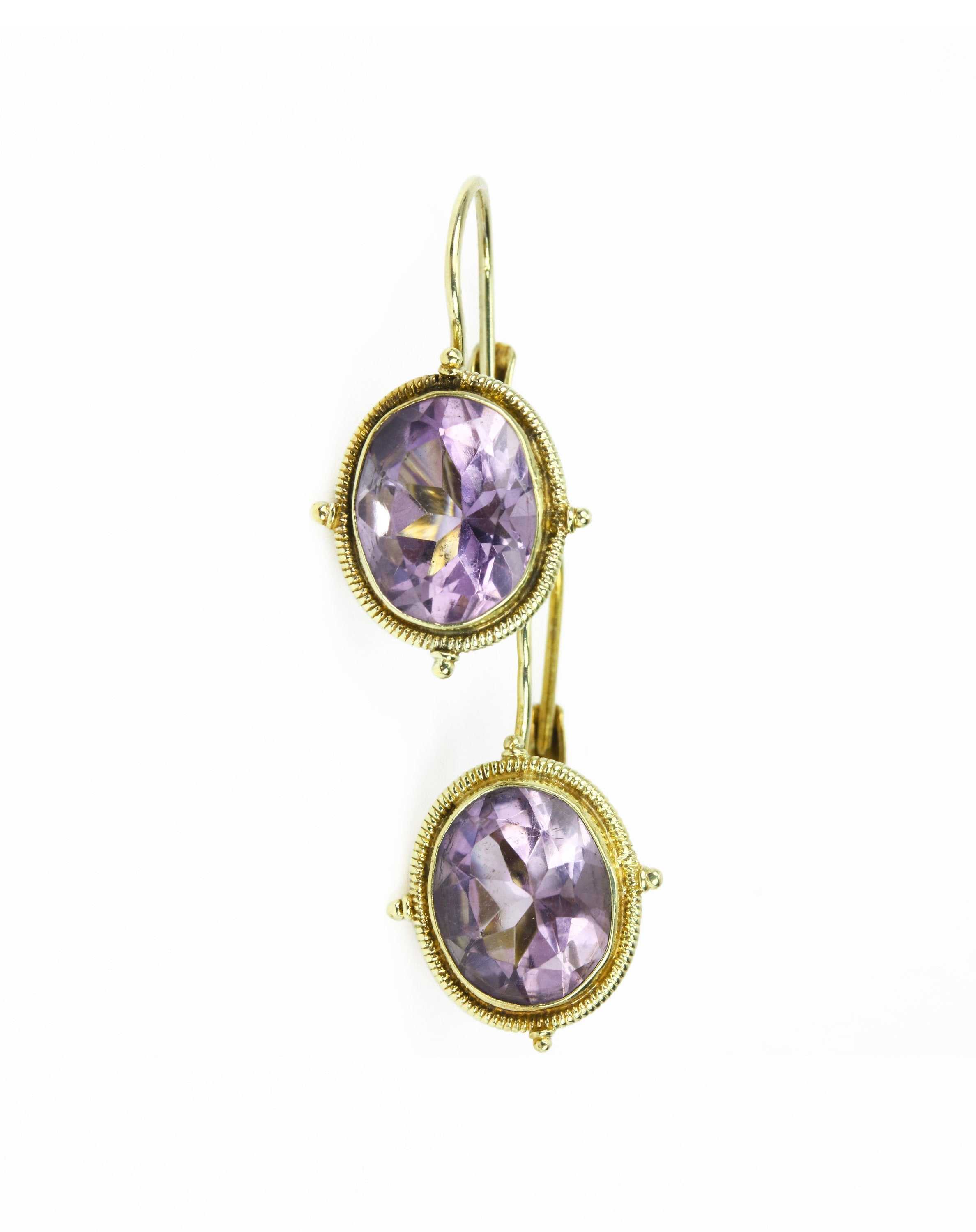 8.0 Carats Oval Amethyst Vintage Lever Back Earrings 14K
