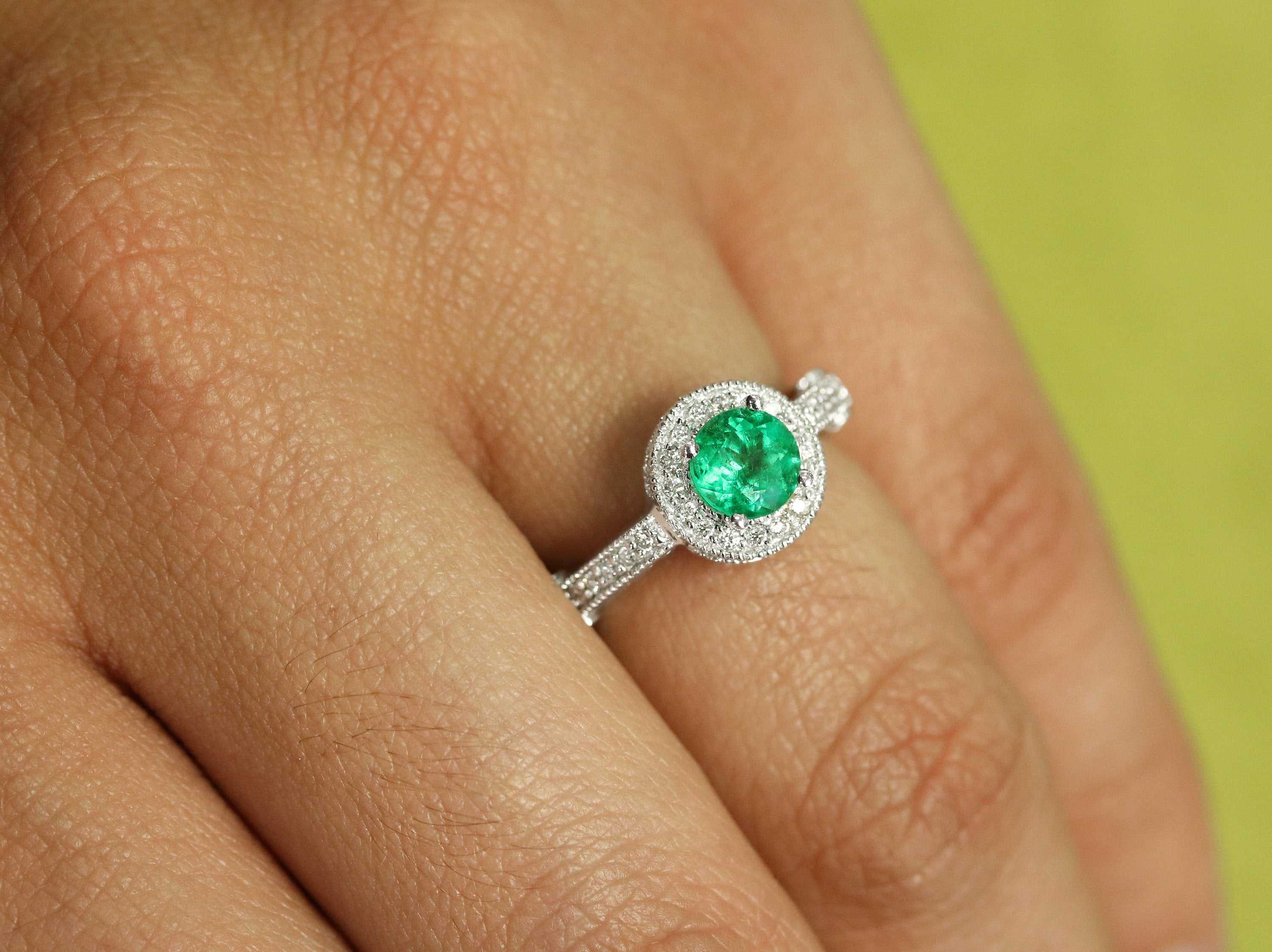 1.45tcw Round Emerald & Diamond Halo Engagement Ring 14K