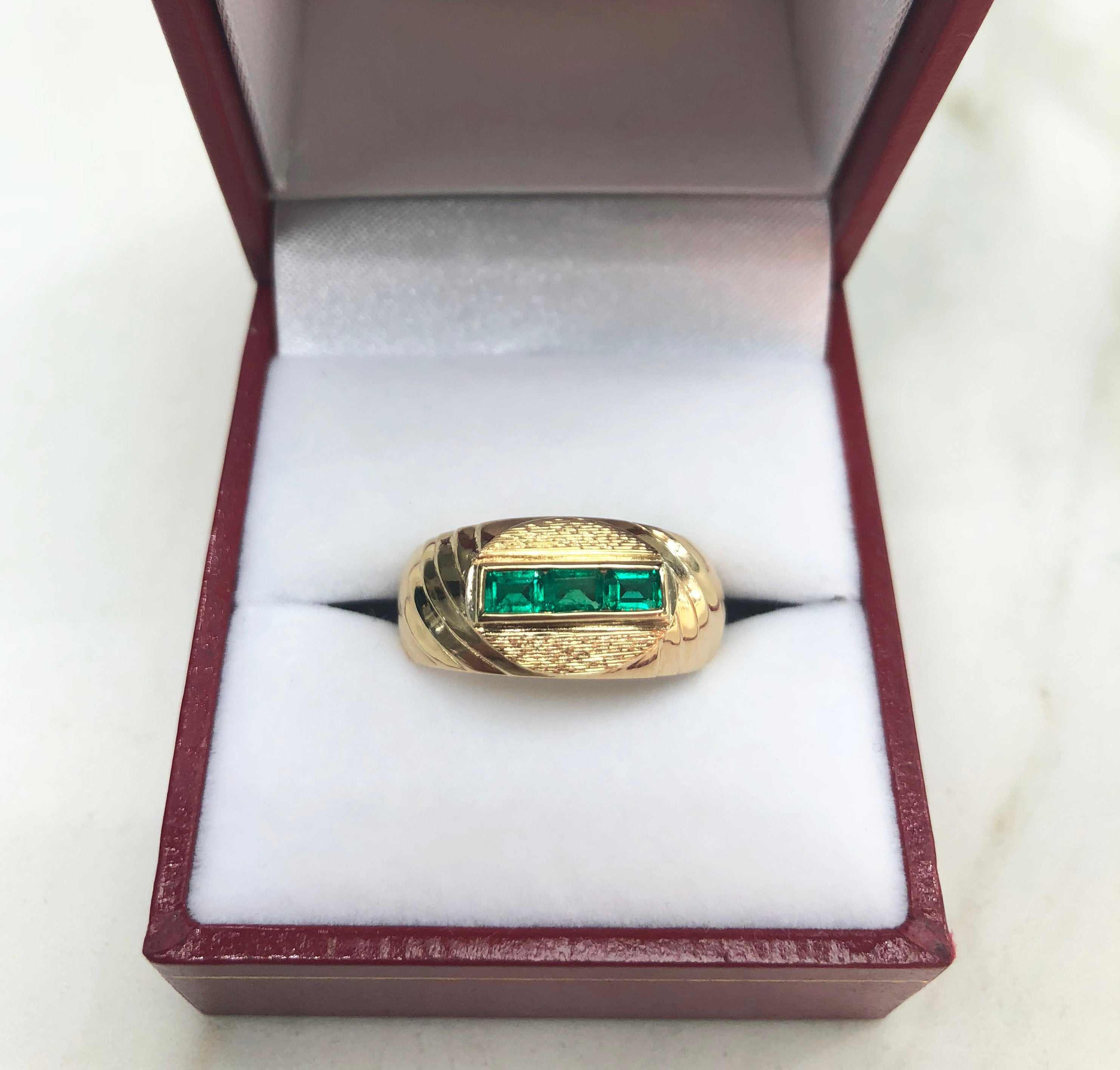 Green Emerald Channel Set Mens Ring 14K