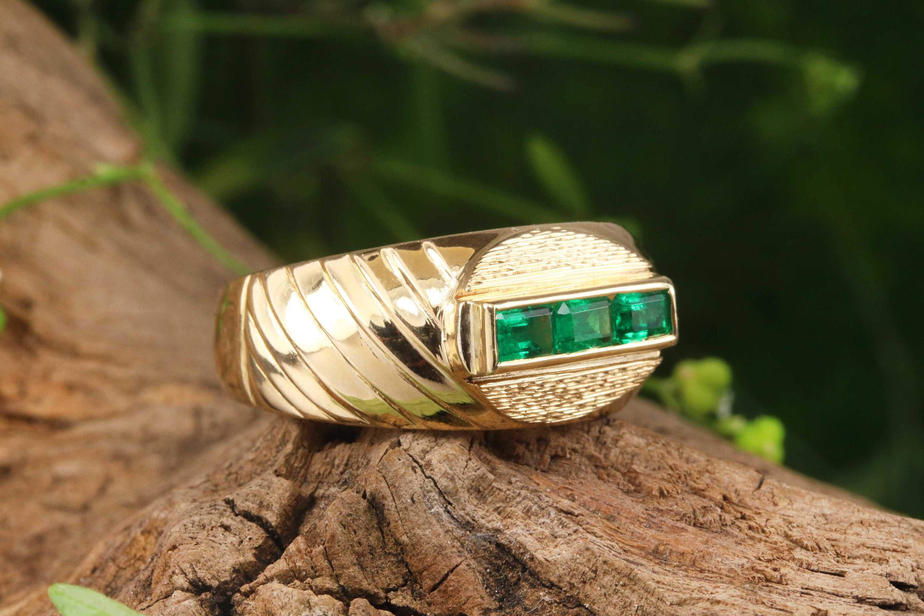 Green Emerald Channel Set Mens Ring 14K