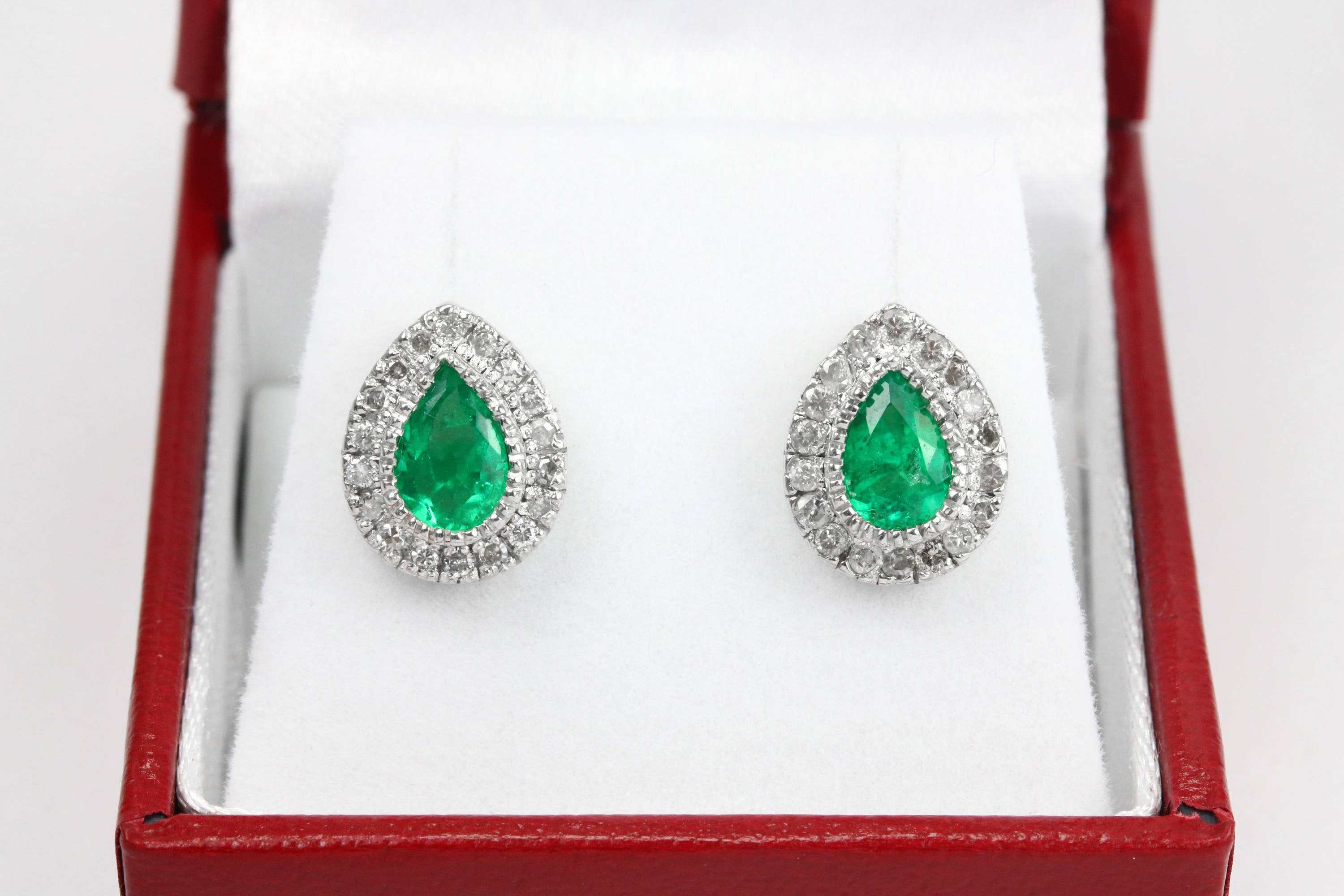 2.50tcw Pear Emerald & Diamond Halo White Gold Studs 14K