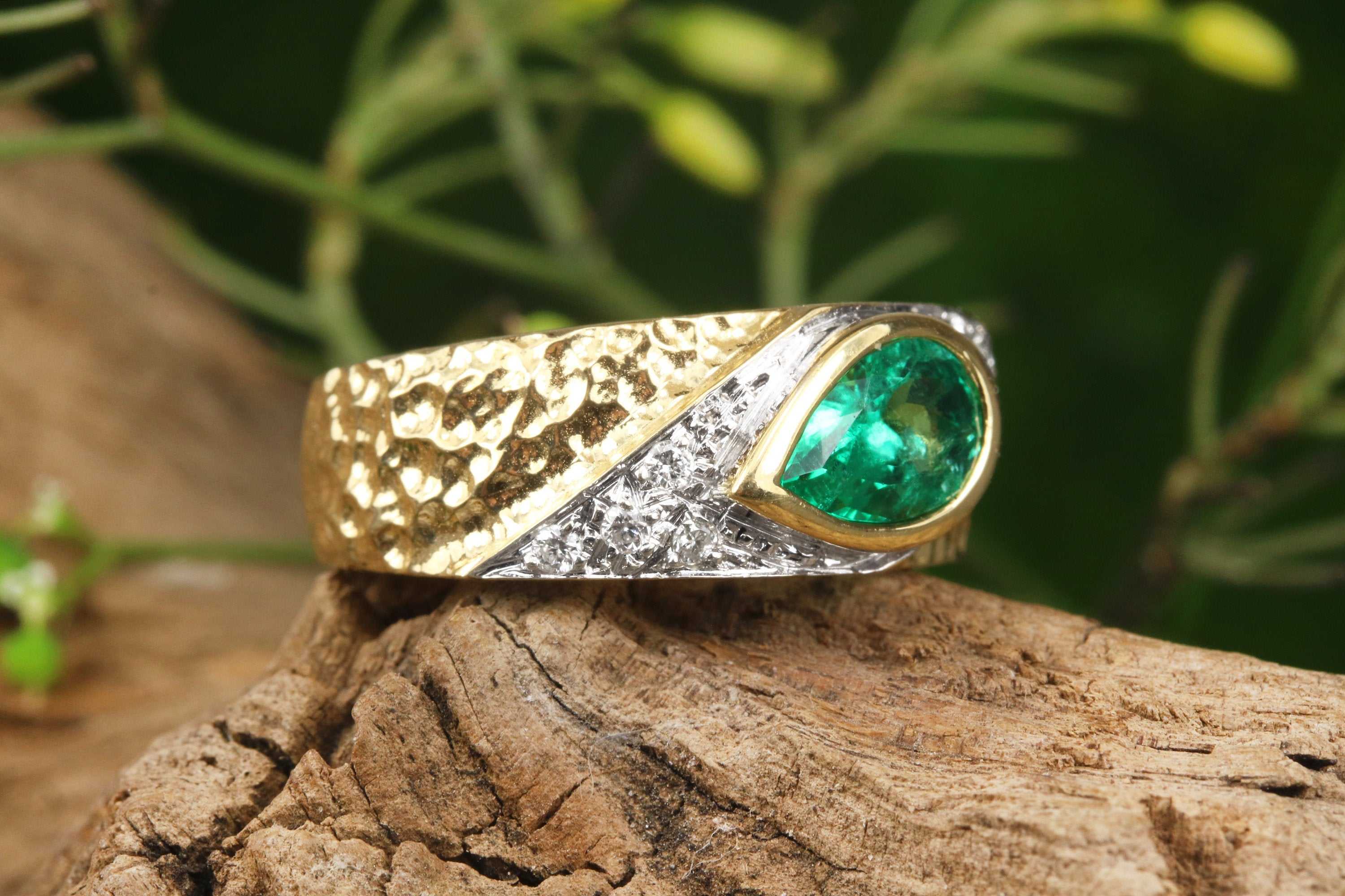 1.10tcw Vivid Green Tear Drop Emerald & Diamond Bezel Signet Ring 18K