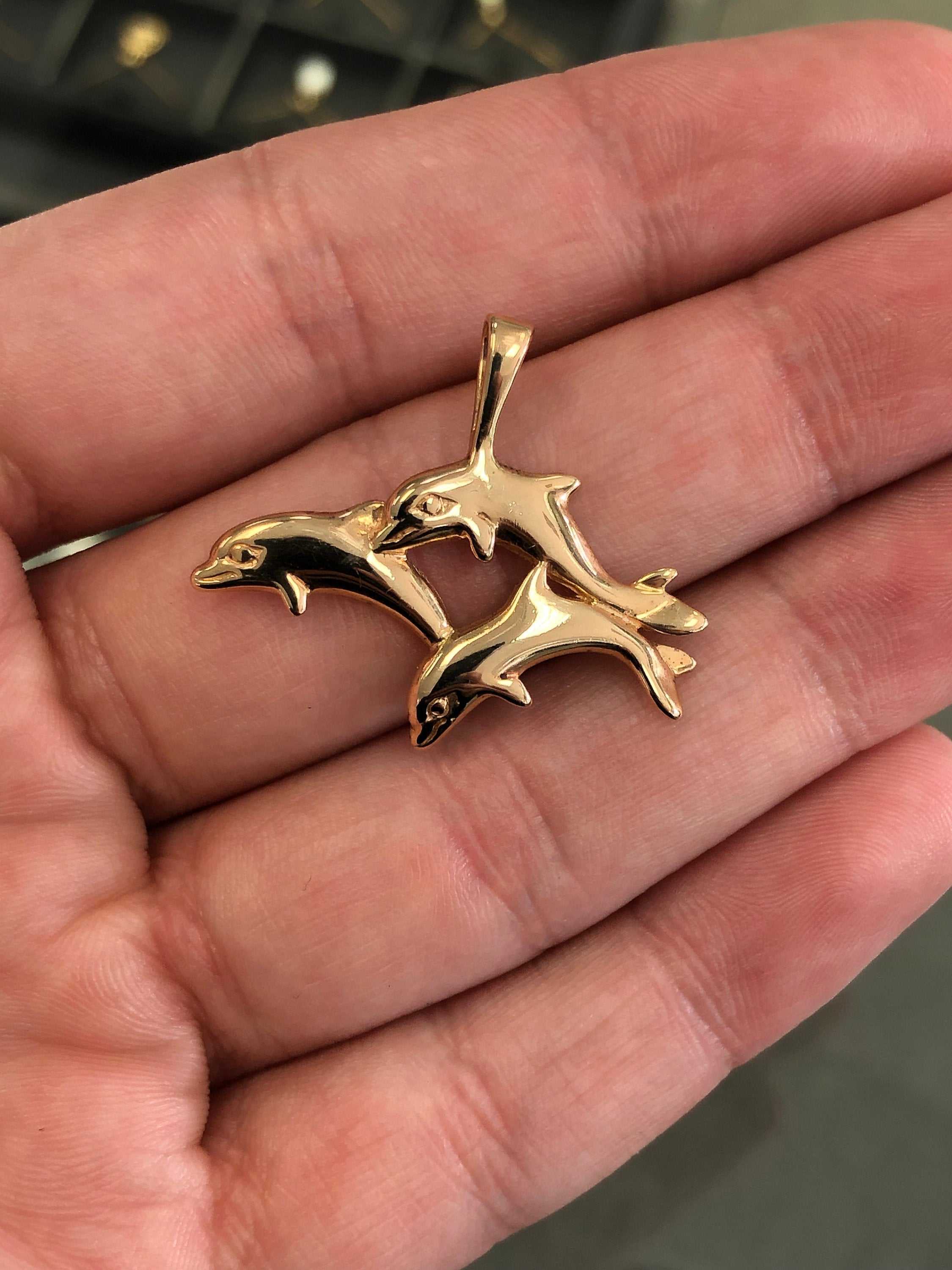 Yellow Gold Dolphin Pendant, 14K Gold Dolphin Pendant, Gold Dolphin Ch