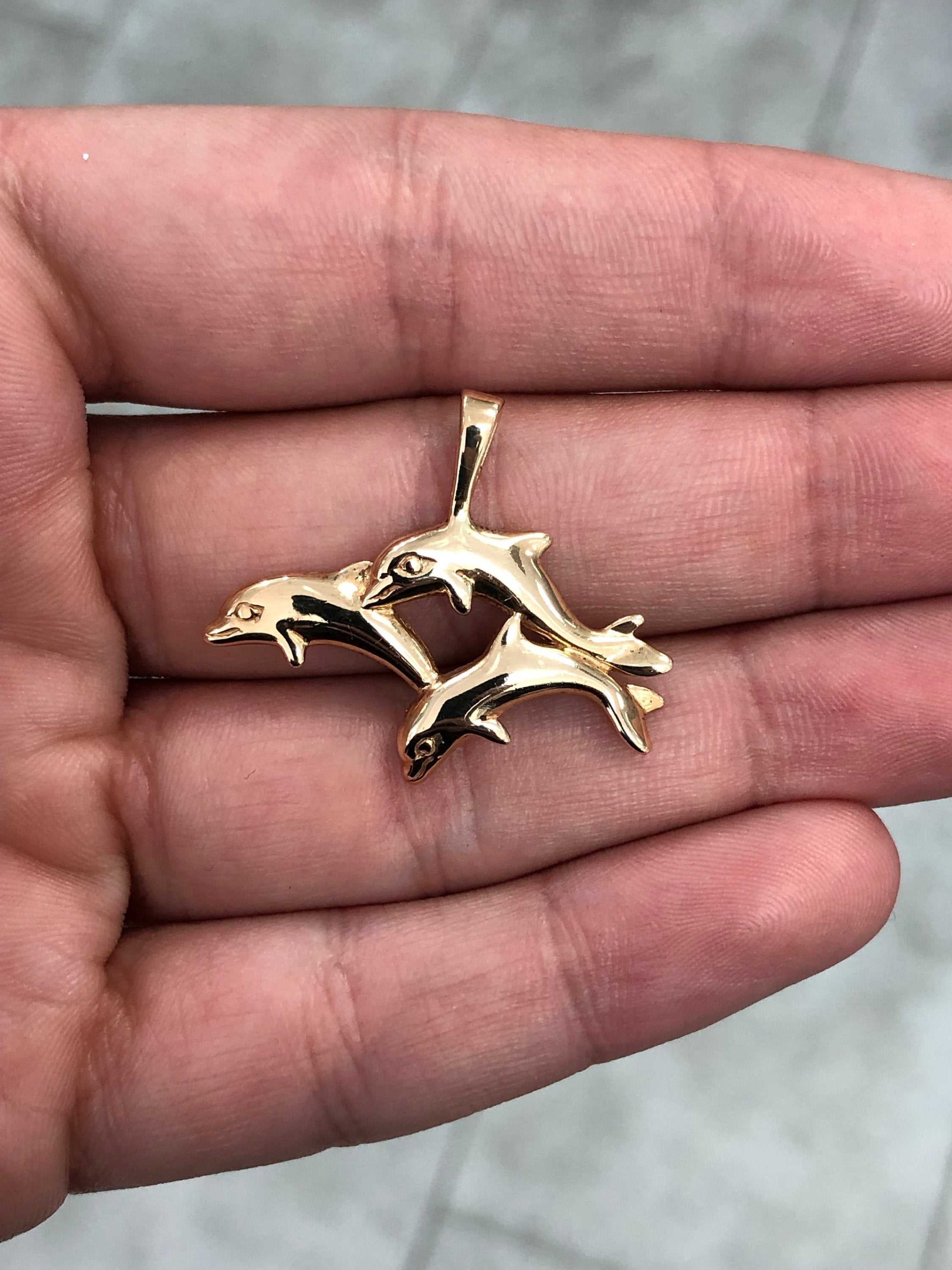 Yellow Gold Dolphin Pendant, 14K Gold Dolphin Pendant, Gold Dolphin Ch