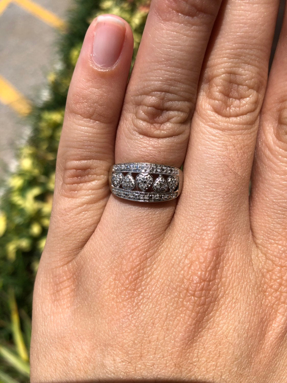 Diamond Heart Wide Wedding Band White Gold 14K