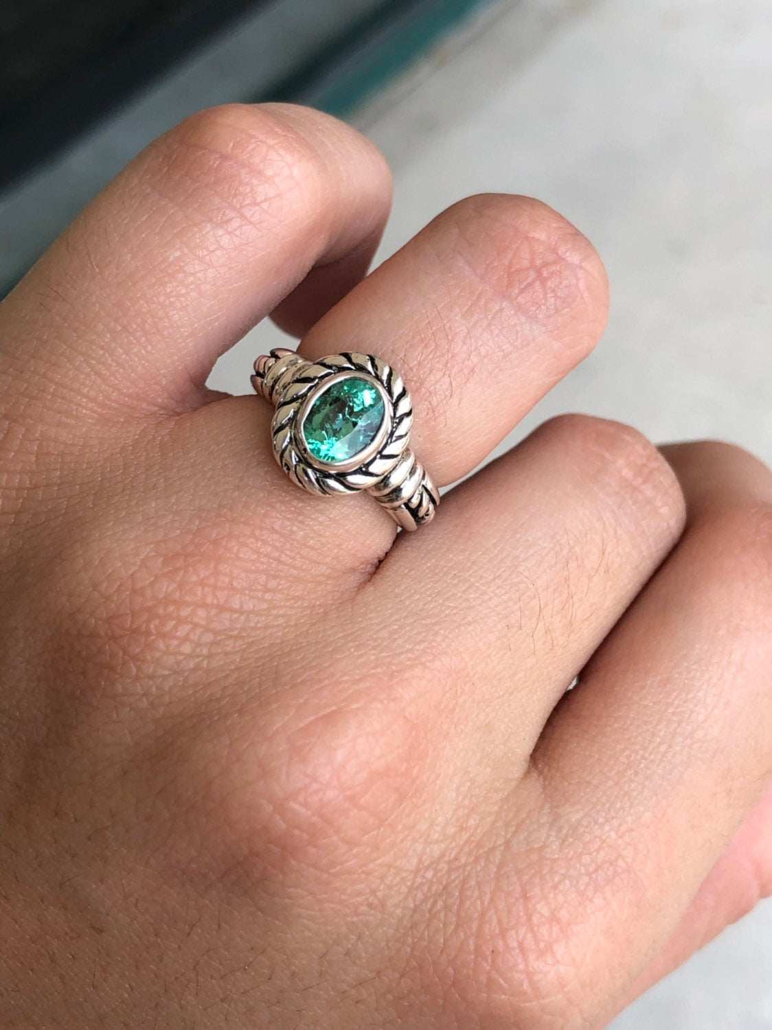 Oval Cut Emerald Solitaire Ring Silver