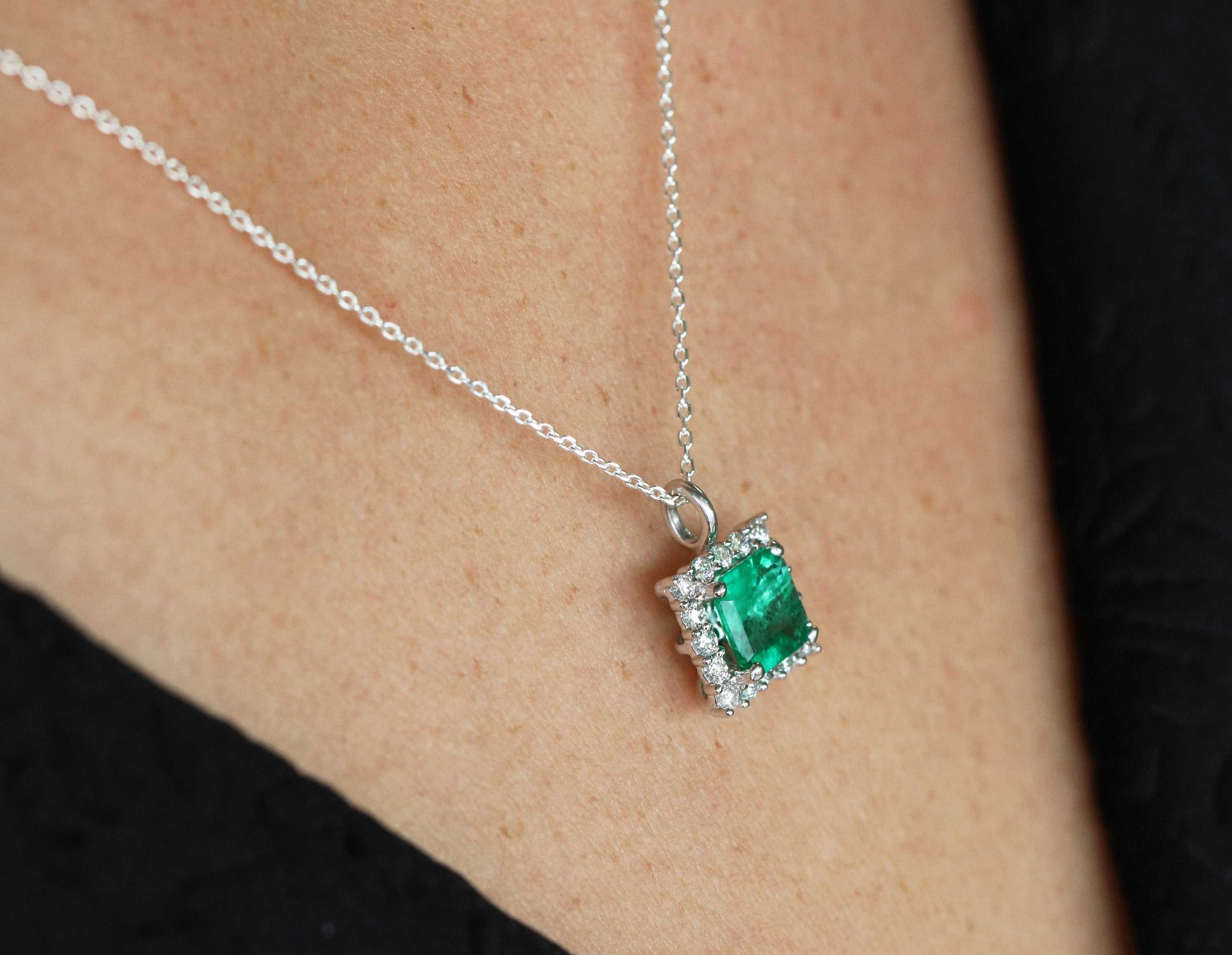 1.50tcw Deep Green Square Emerald & Round Diamond Halo Necklace 14K